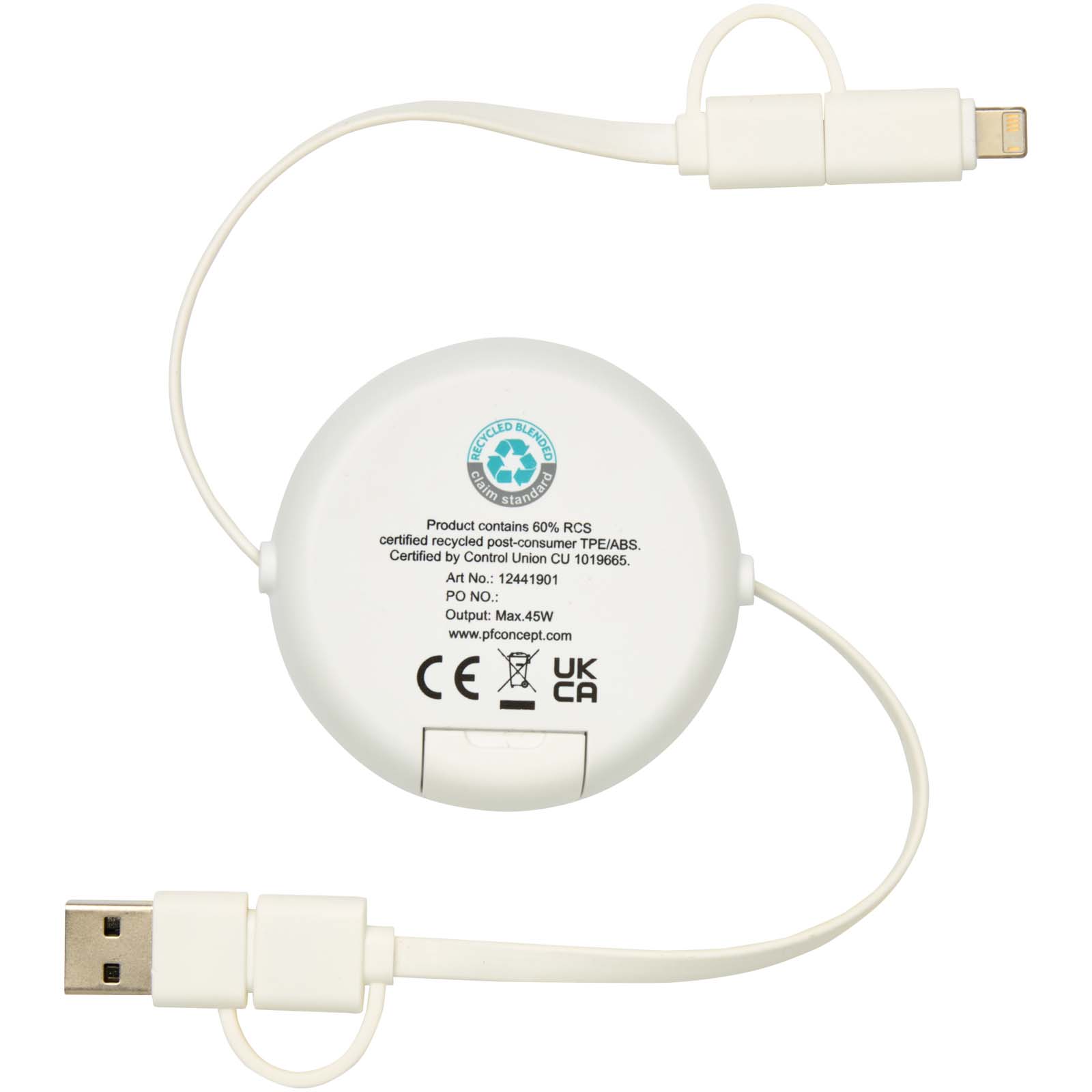 Cable retráctil 5 en 1 de plástico reciclado de 100 cm para sincronización de datos y carga rápida de 45 W con detalles de bambú Chechia