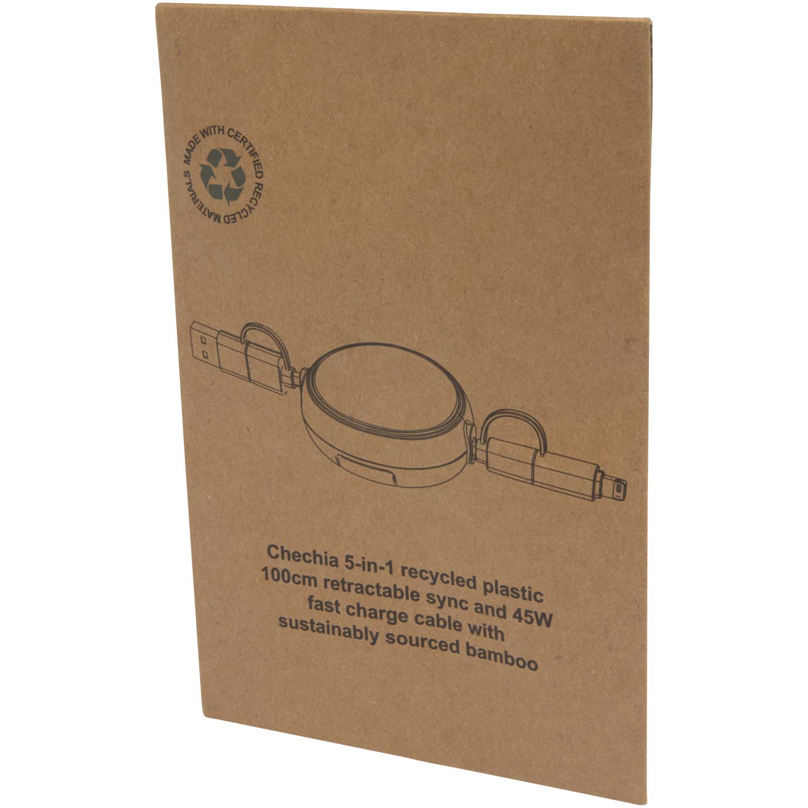 Cable retráctil 5 en 1 de plástico reciclado de 100 cm para sincronización de datos y carga rápida de 45 W con detalles de bambú Chechia