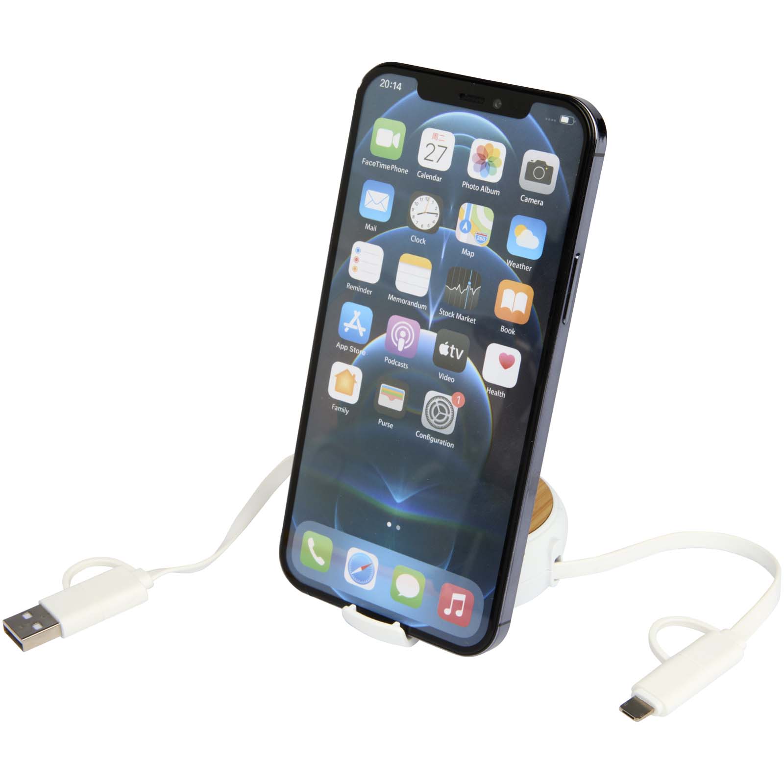 Cable retráctil 5 en 1 de plástico reciclado de 100 cm para sincronización de datos y carga rápida de 45 W con detalles de bambú Chechia