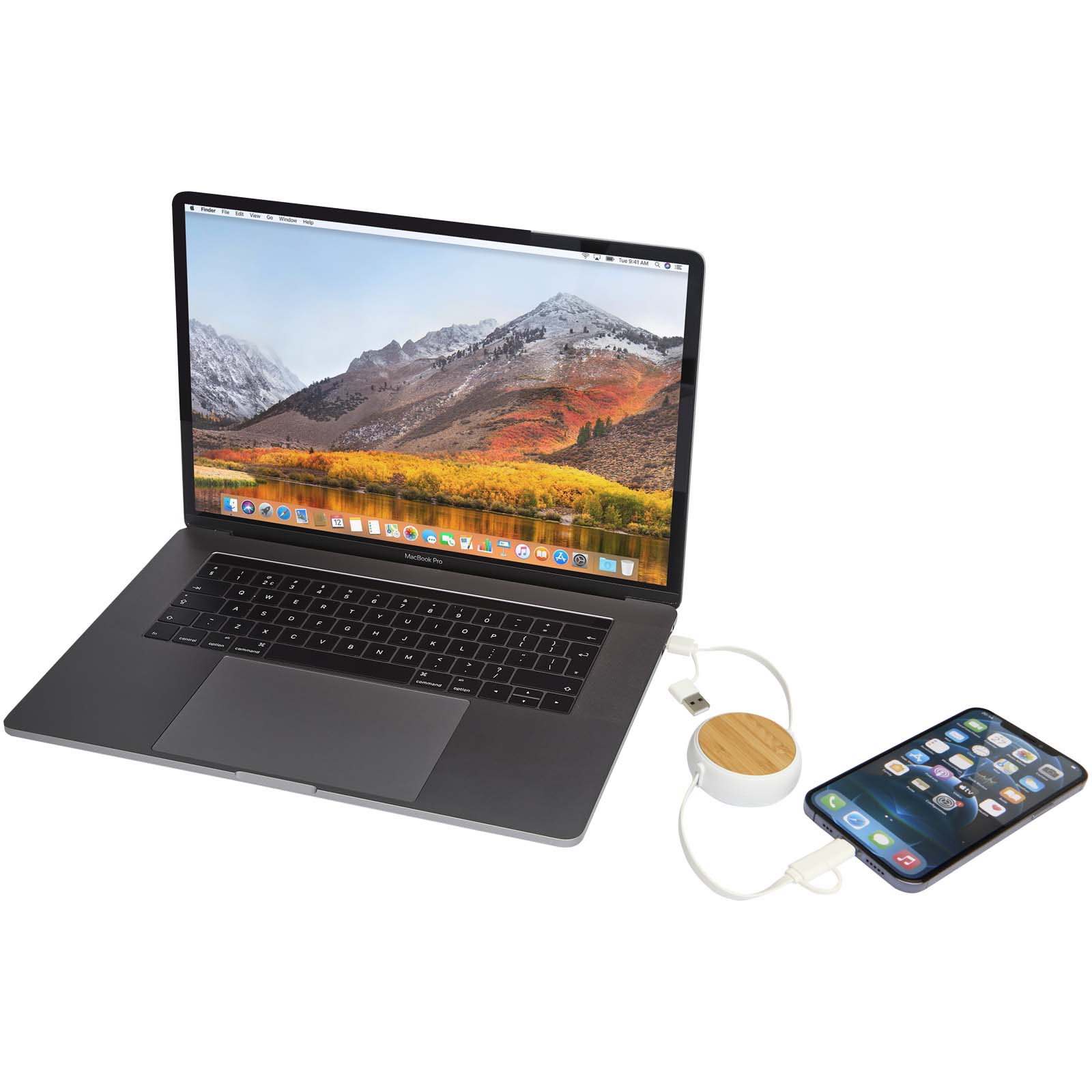 Cable retráctil 5 en 1 de plástico reciclado de 100 cm para sincronización de datos y carga rápida de 45 W con detalles de bambú Chechia