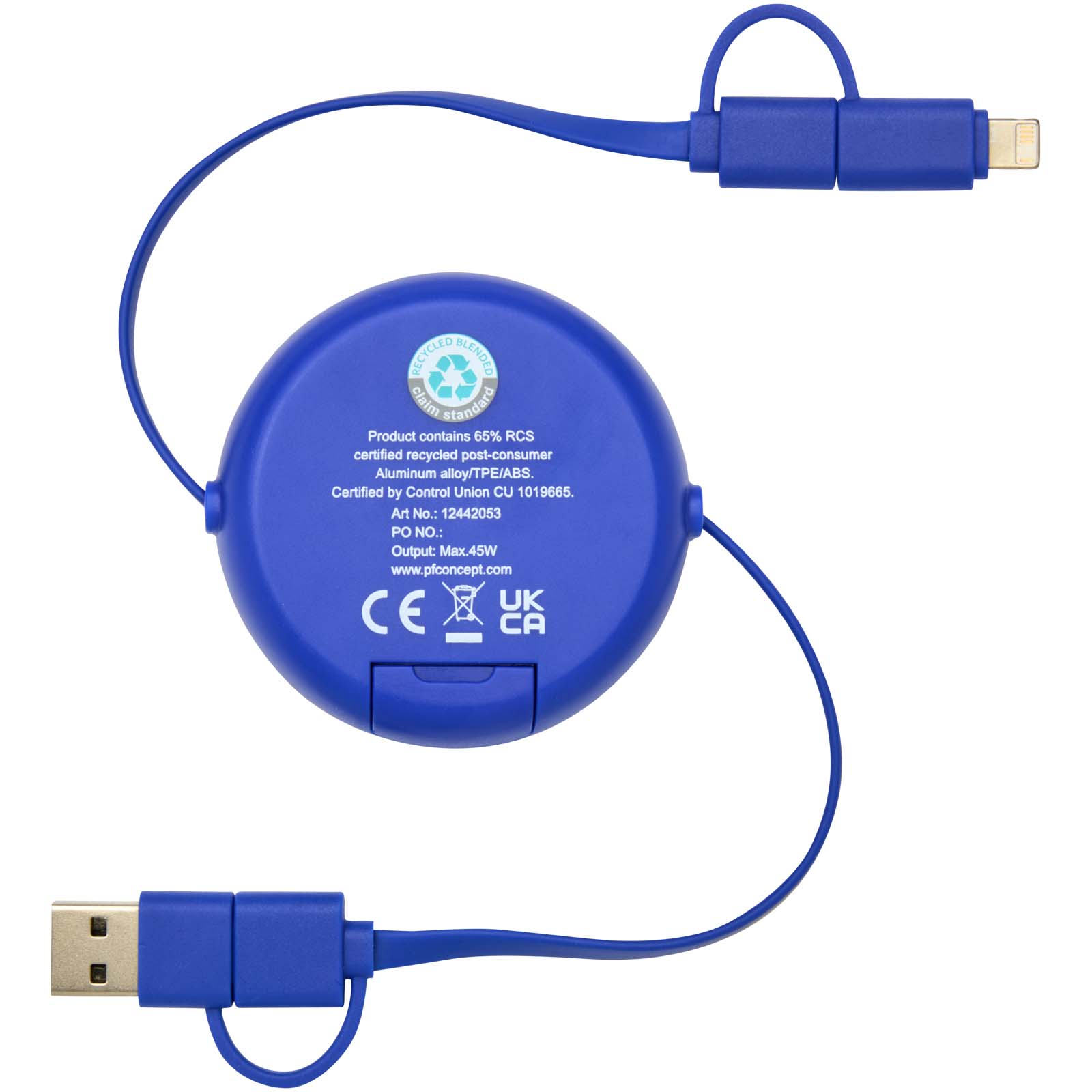 Cable retráctil 5 en 1 de 100 cm de plástico reciclado y aluminio para sincronización de datos y carga rápida de 45 W Alasia