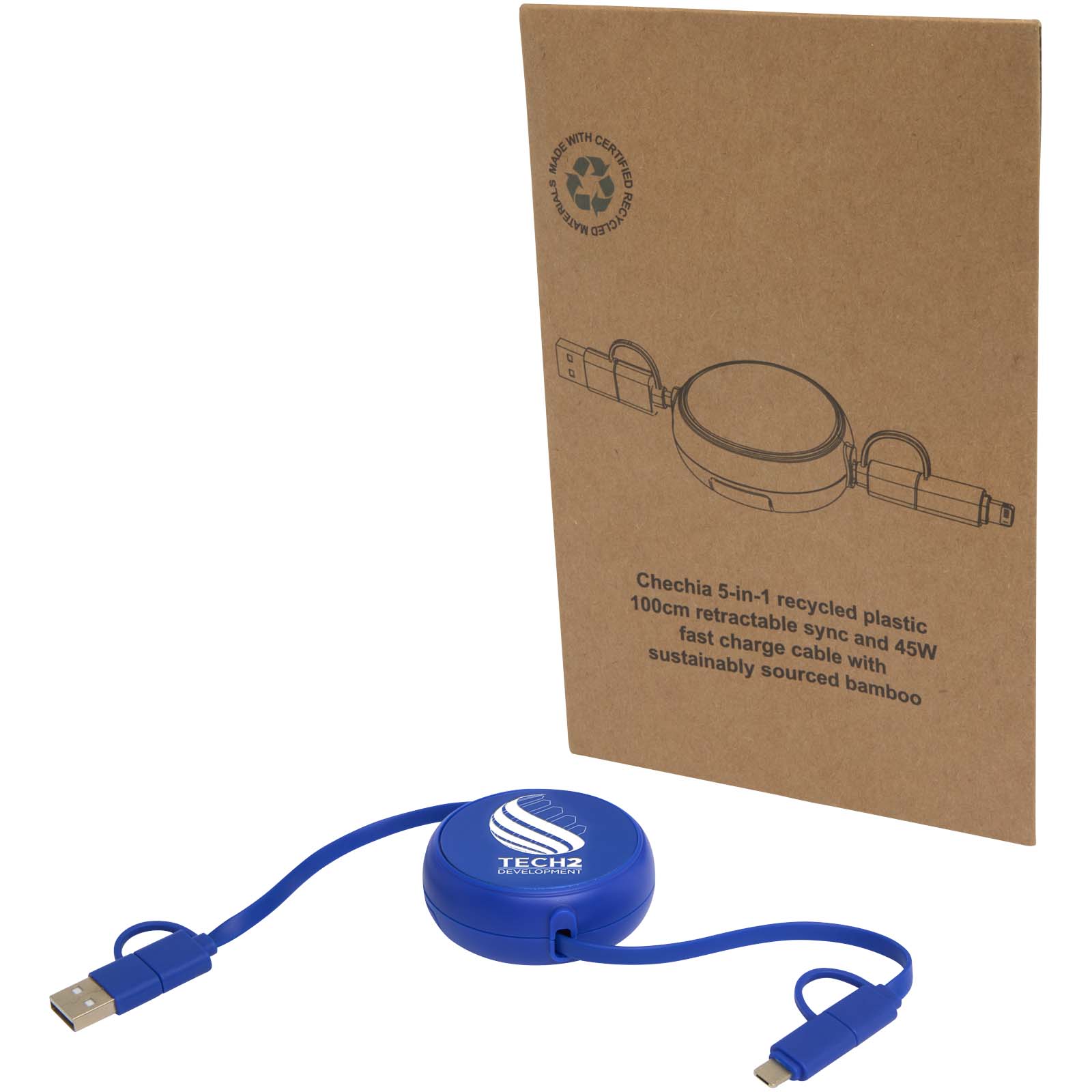 Cable retráctil 5 en 1 de 100 cm de plástico reciclado y aluminio para sincronización de datos y carga rápida de 45 W Alasia