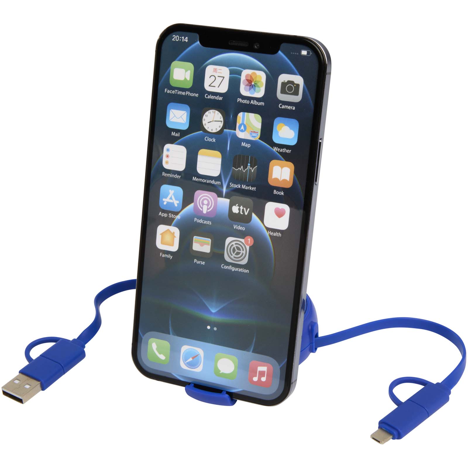 Cable retráctil 5 en 1 de 100 cm de plástico reciclado y aluminio para sincronización de datos y carga rápida de 45 W Alasia