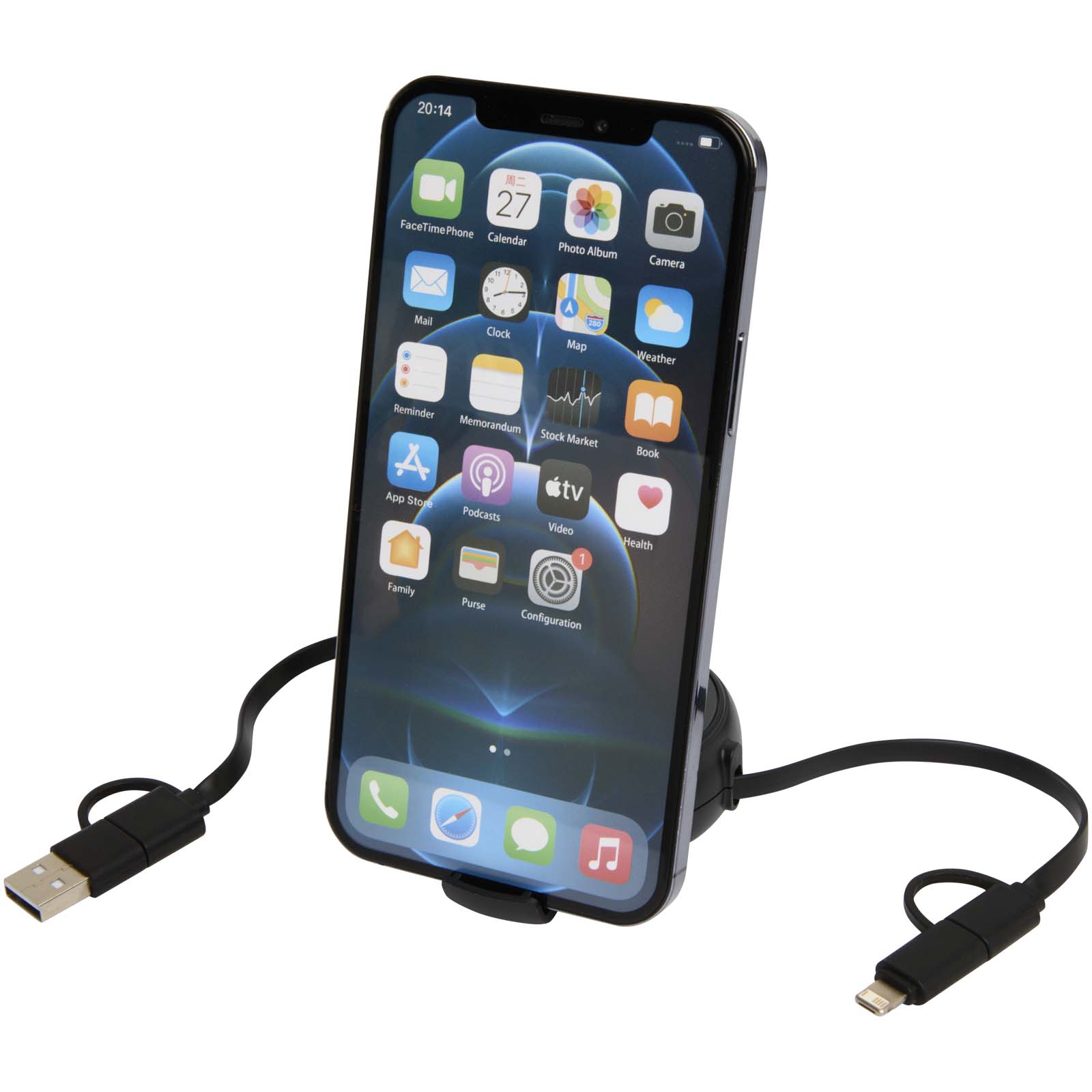 Cable retráctil 5 en 1 de 100 cm de plástico reciclado y aluminio para sincronización de datos y carga rápida de 45 W Alasia