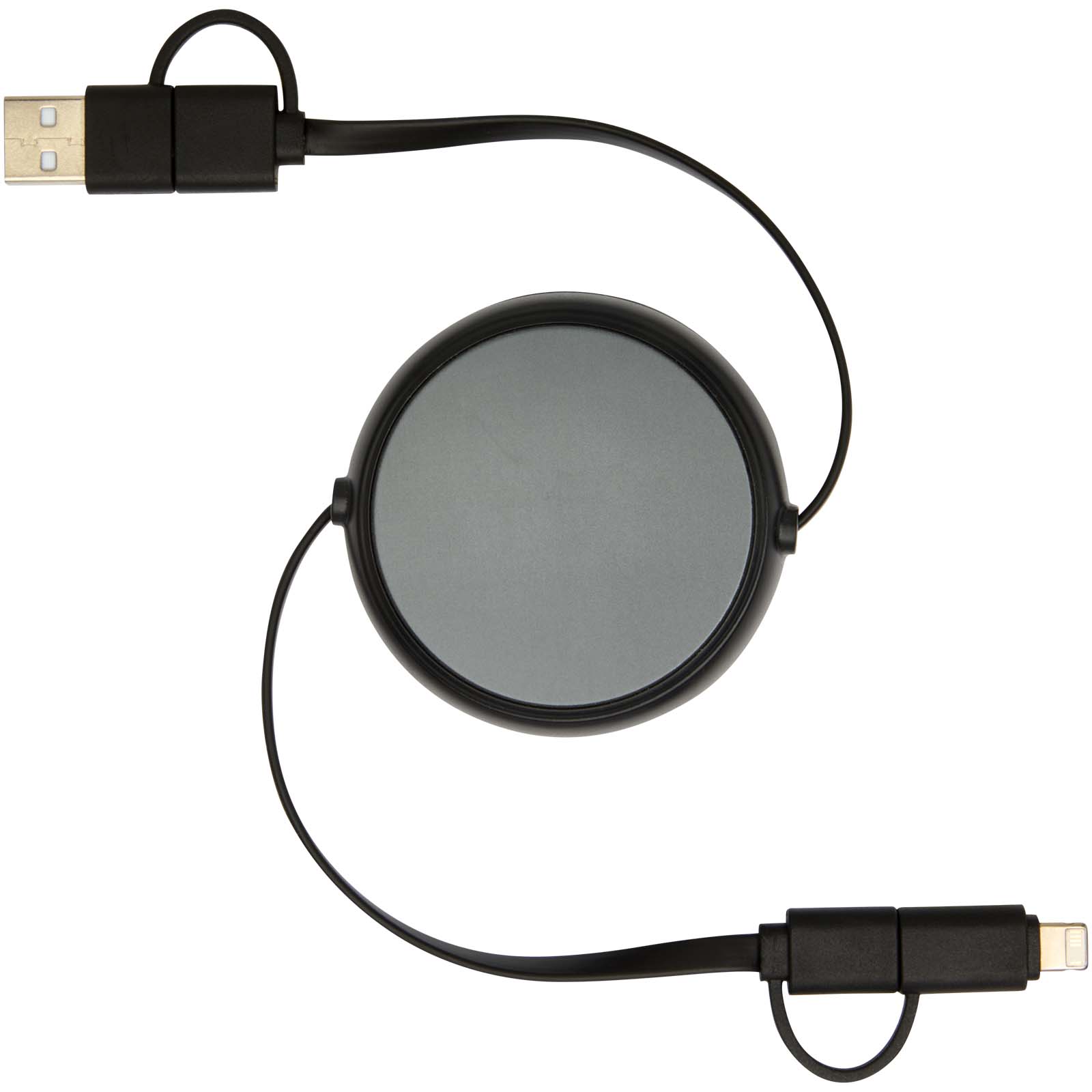 Cable retráctil 5 en 1 de 100 cm de plástico reciclado y aluminio para sincronización de datos y carga rápida de 45 W Alasia