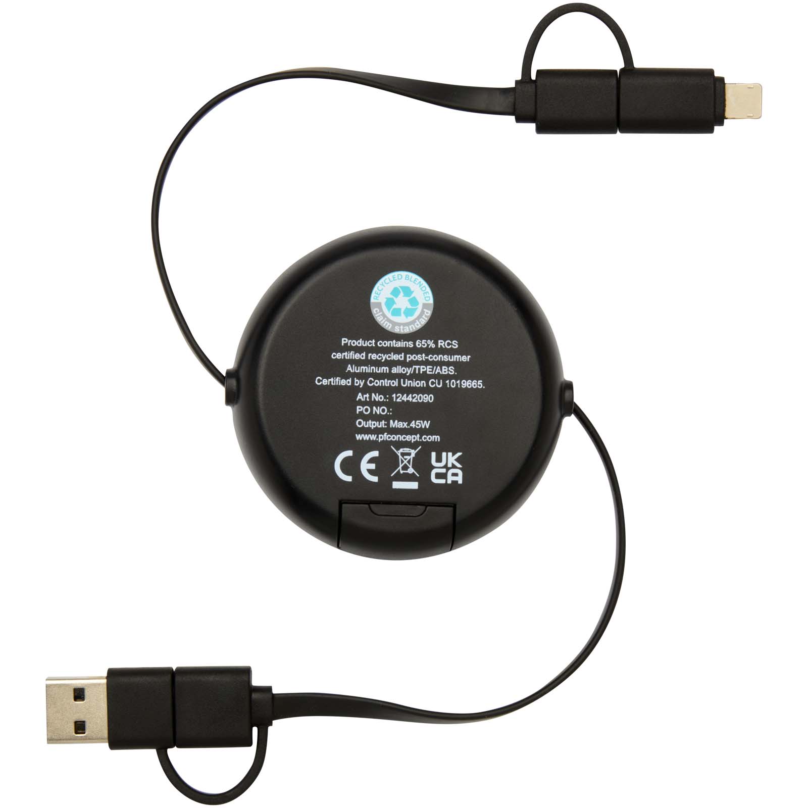 Cable retráctil 5 en 1 de 100 cm de plástico reciclado y aluminio para sincronización de datos y carga rápida de 45 W Alasia