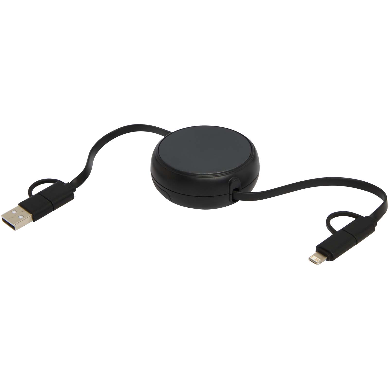 Cable retráctil 5 en 1 de 100 cm de plástico reciclado y aluminio para sincronización de datos y carga rápida de 45 W Alasia