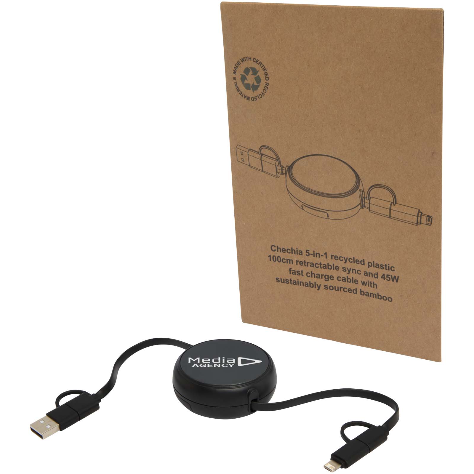 Cable retráctil 5 en 1 de 100 cm de plástico reciclado y aluminio para sincronización de datos y carga rápida de 45 W Alasia