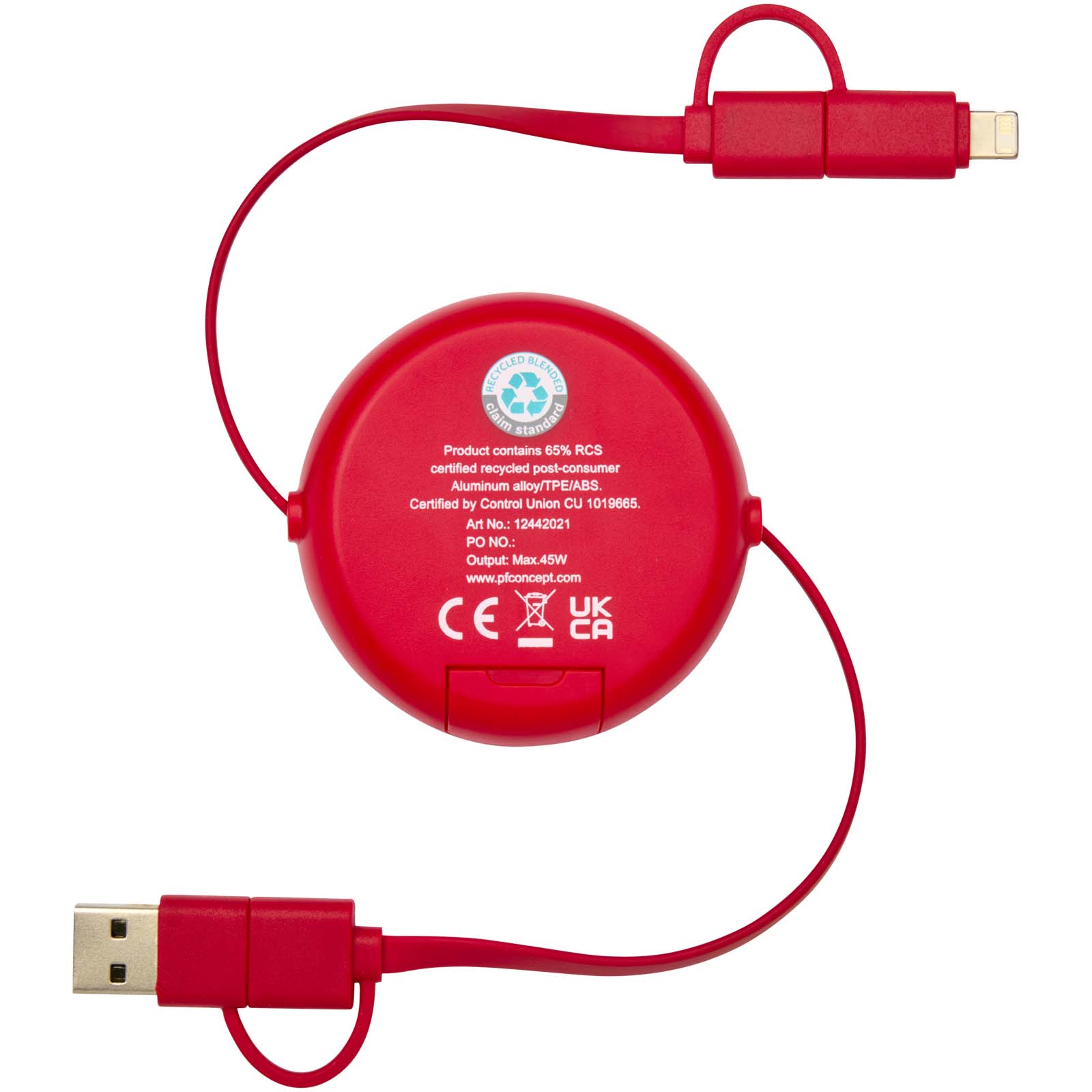 Cable retráctil 5 en 1 de 100 cm de plástico reciclado y aluminio para sincronización de datos y carga rápida de 45 W Alasia