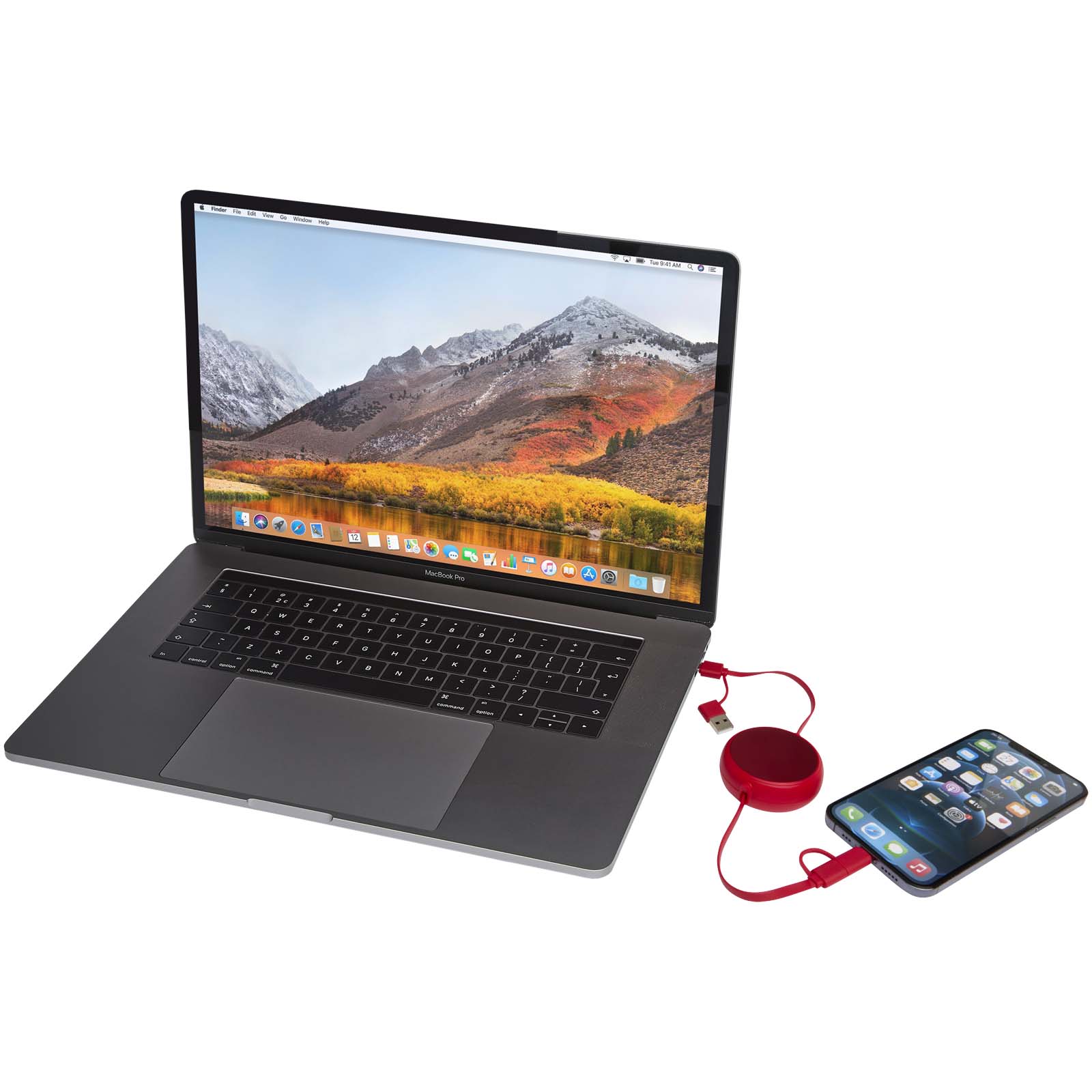 Cable retráctil 5 en 1 de 100 cm de plástico reciclado y aluminio para sincronización de datos y carga rápida de 45 W Alasia