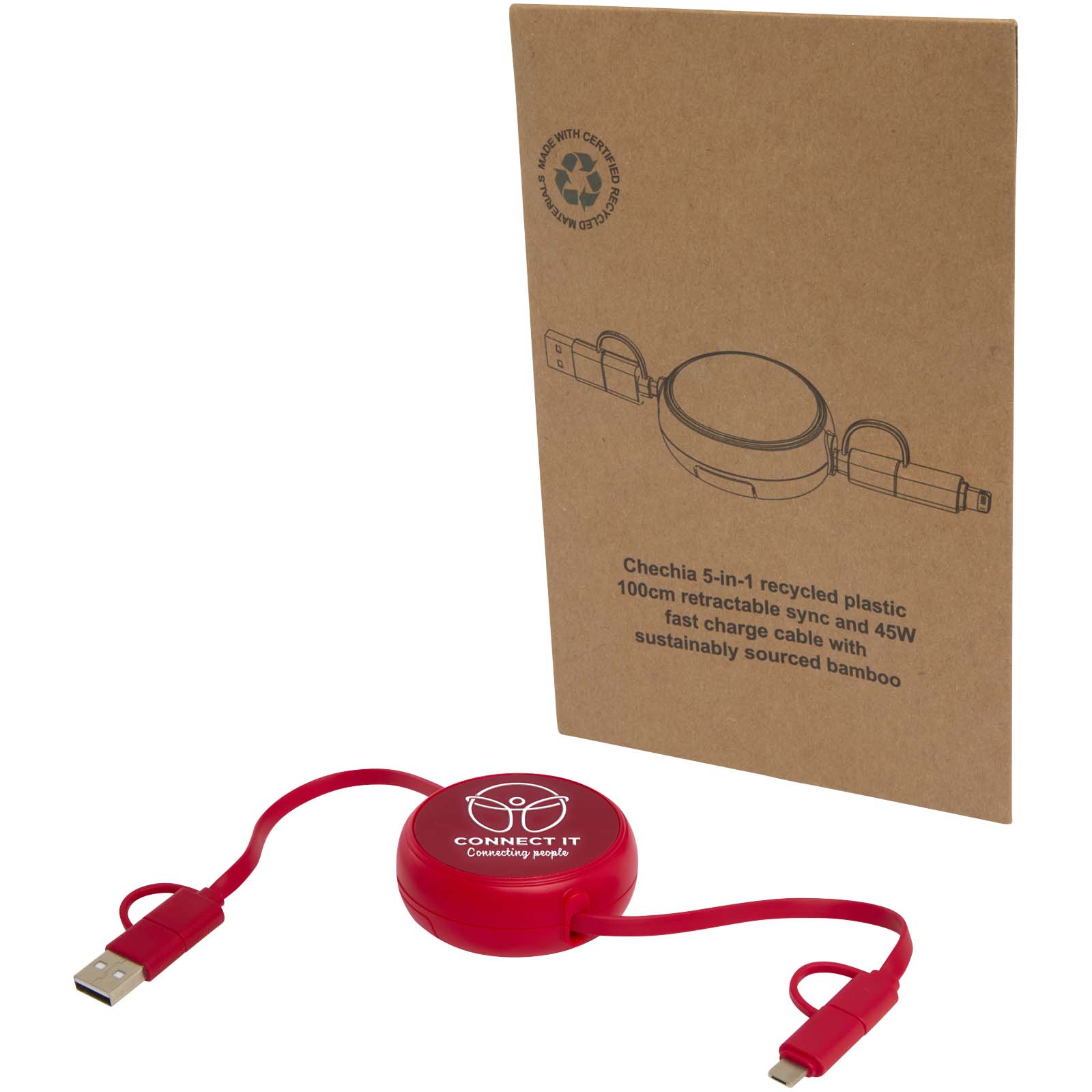Cable retráctil 5 en 1 de 100 cm de plástico reciclado y aluminio para sincronización de datos y carga rápida de 45 W Alasia