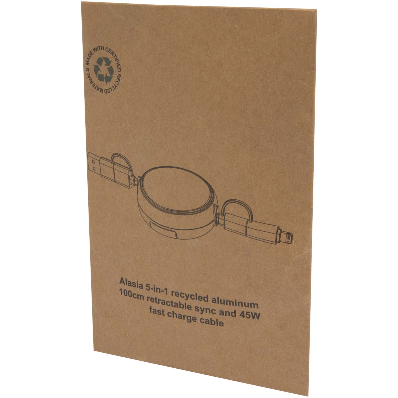 Cable retráctil 5 en 1 de 100 cm de plástico reciclado y aluminio para sincronización de datos y carga rápida de 45 W Alasia