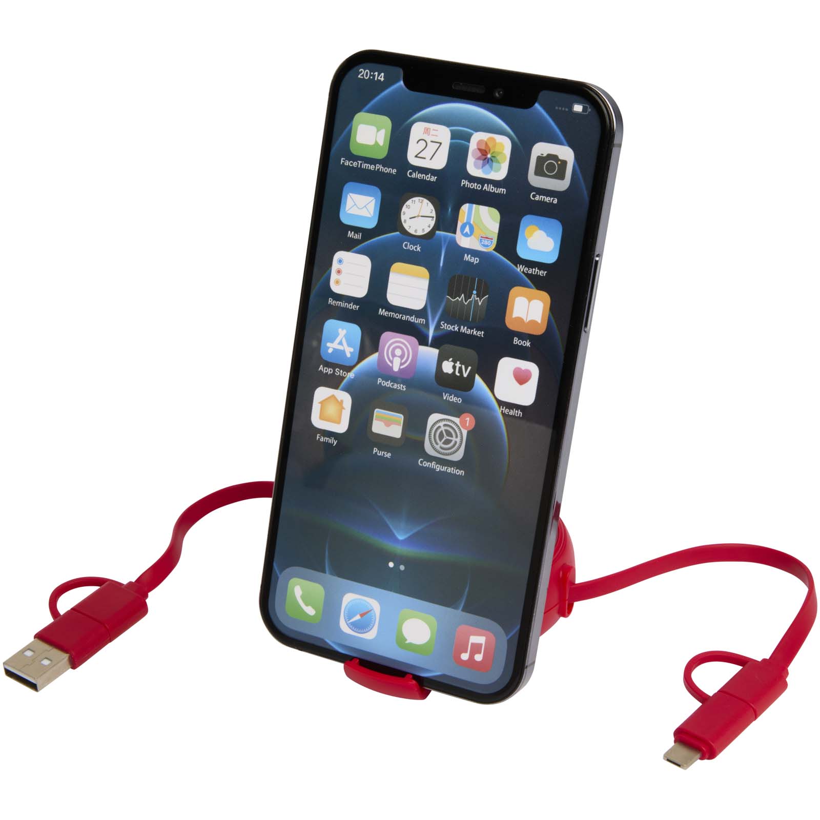 Cable retráctil 5 en 1 de 100 cm de plástico reciclado y aluminio para sincronización de datos y carga rápida de 45 W Alasia