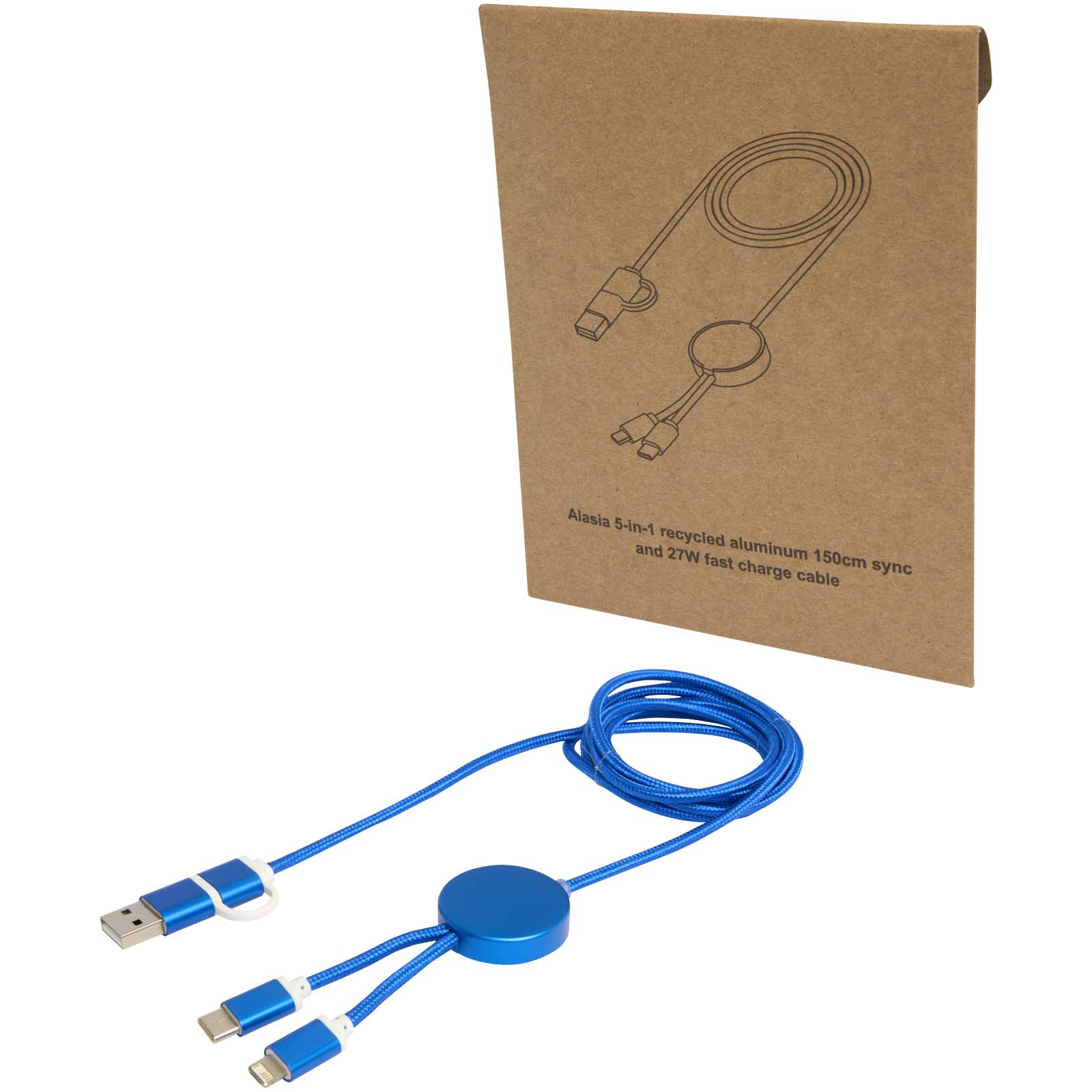 Cable 5 en 1 de aluminio y plástico reciclado de 150 cm para sincronización de datos y carga rápida de 27 W Alasia