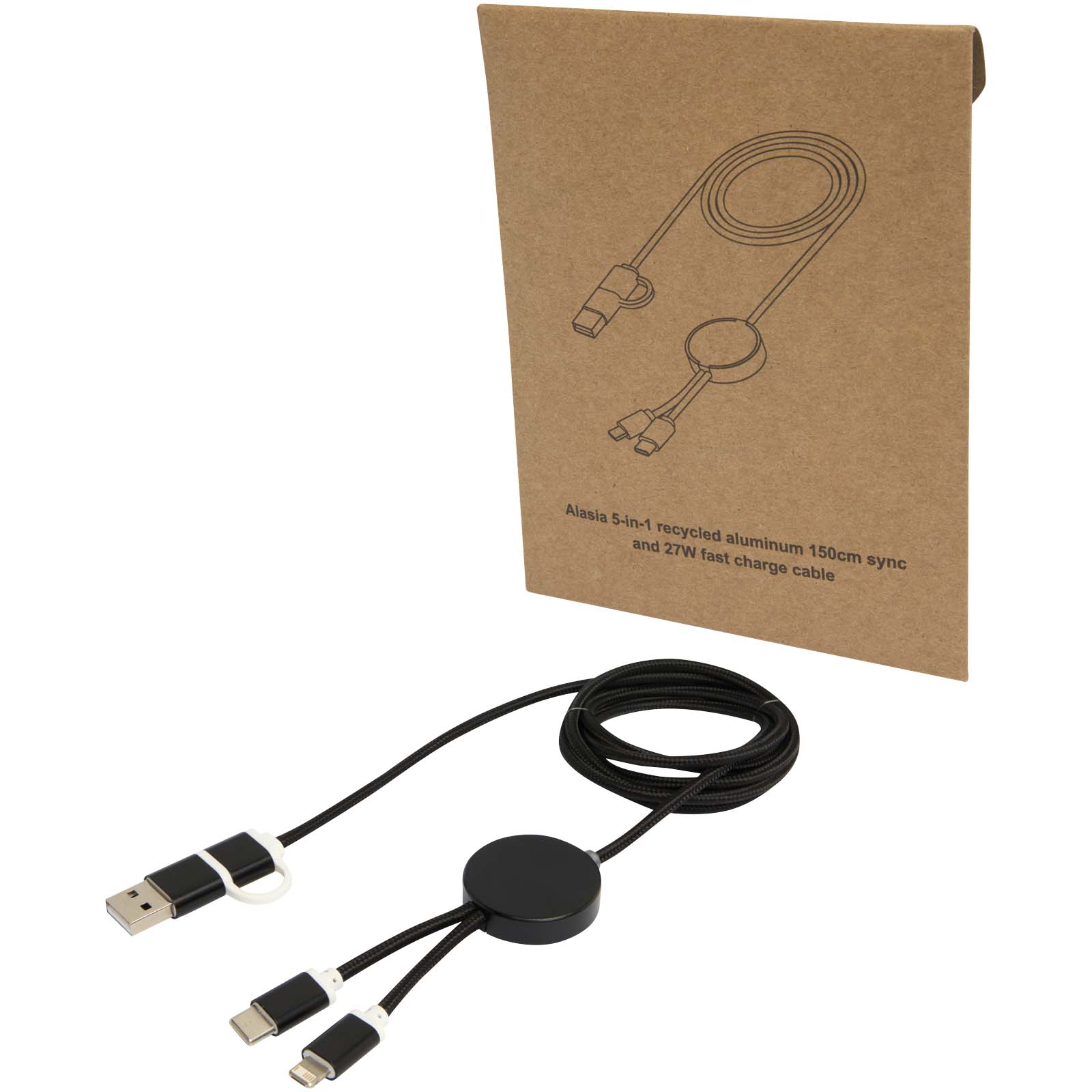Cable 5 en 1 de aluminio y plástico reciclado de 150 cm para sincronización de datos y carga rápida de 27 W Alasia