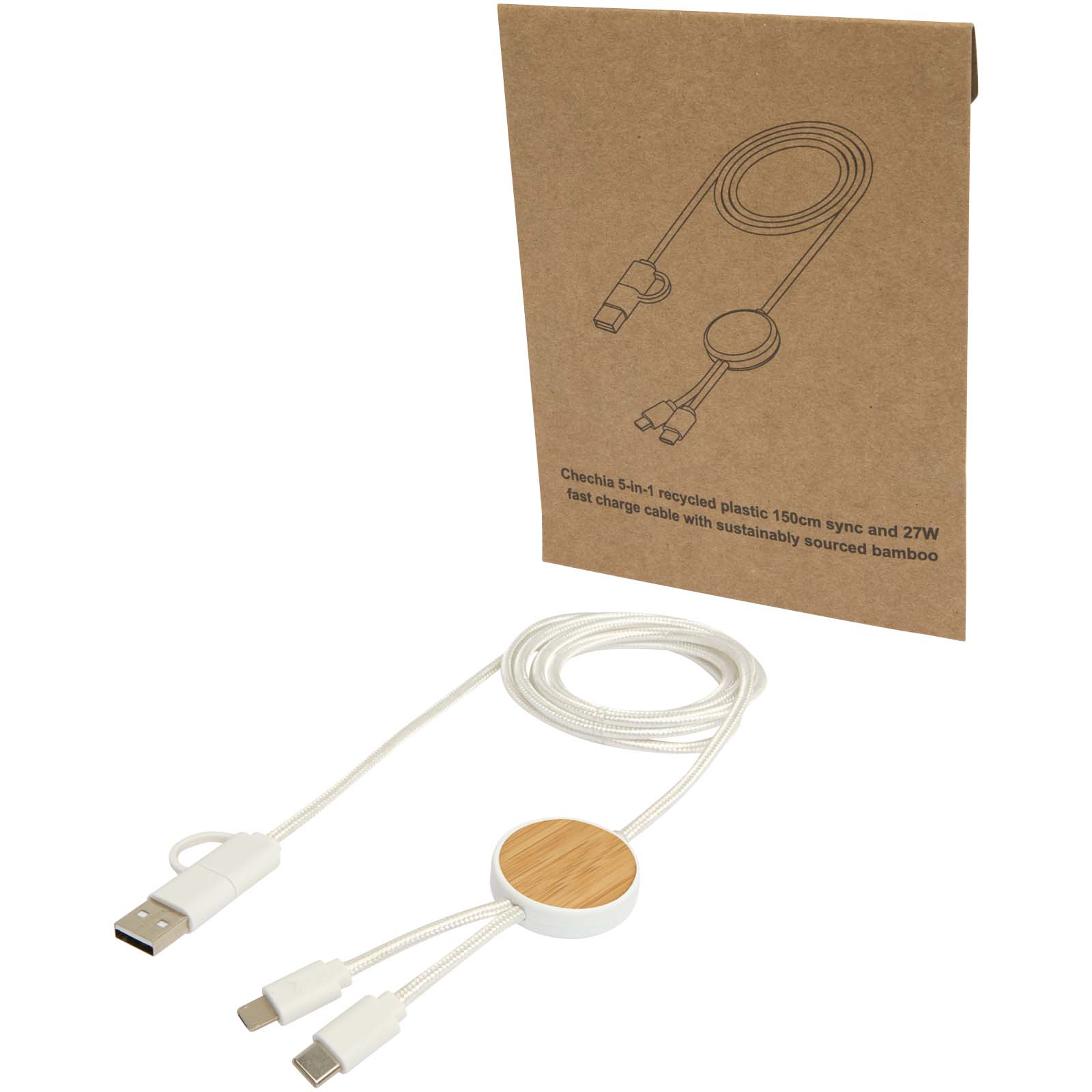 Cable 5 en 1 de plástico reciclado de 150 cm para sincronización de datos y carga rápida de 27 W con detalles de bambú Chechia