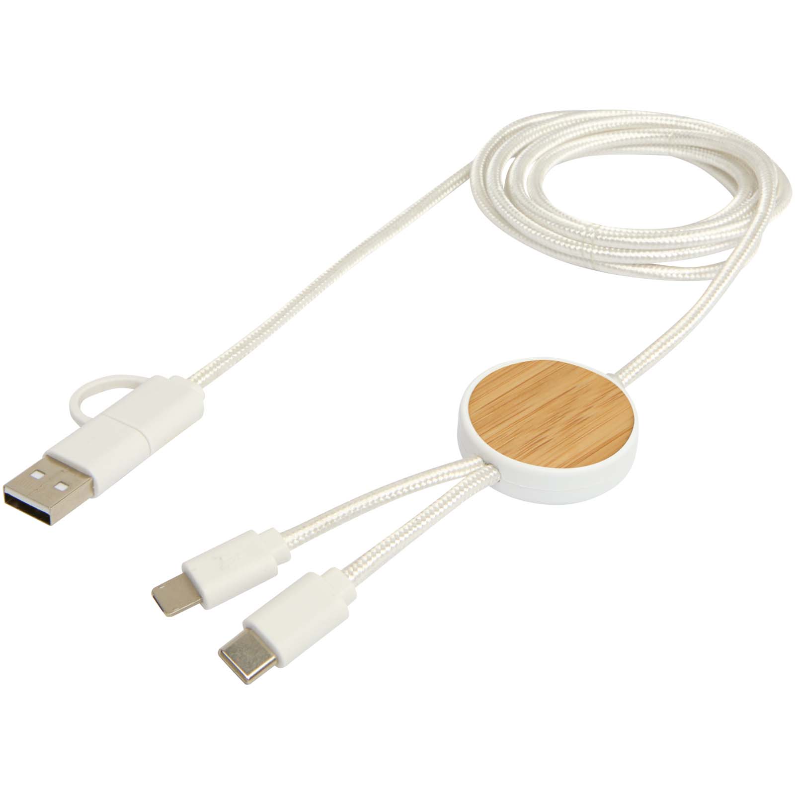 Cable 5 en 1 de plástico reciclado de 150 cm para sincronización de datos y carga rápida de 27 W con detalles de bambú Chechia