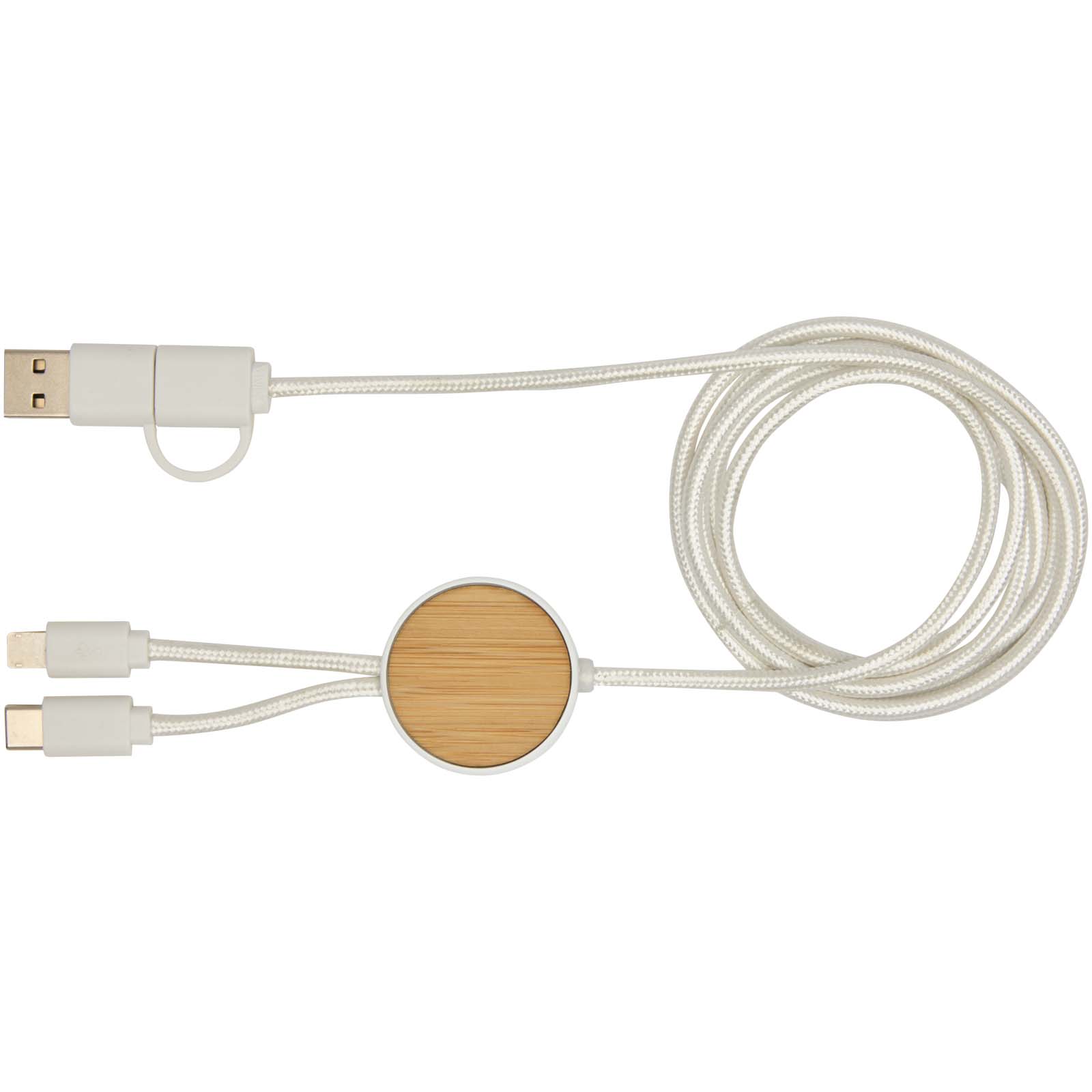 Cable 5 en 1 de plástico reciclado de 150 cm para sincronización de datos y carga rápida de 27 W con detalles de bambú Chechia