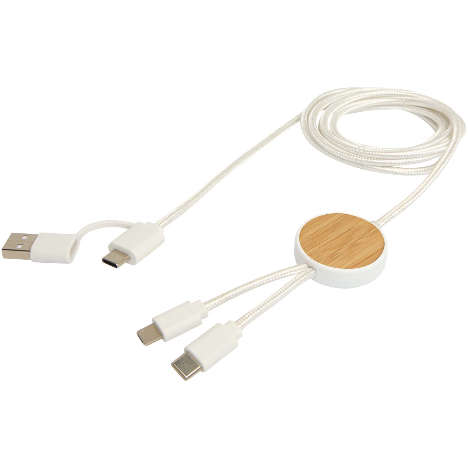 Cable 5 en 1 de plástico reciclado de 150 cm para sincronización de datos y carga rápida de 27 W con detalles de bambú Chechia