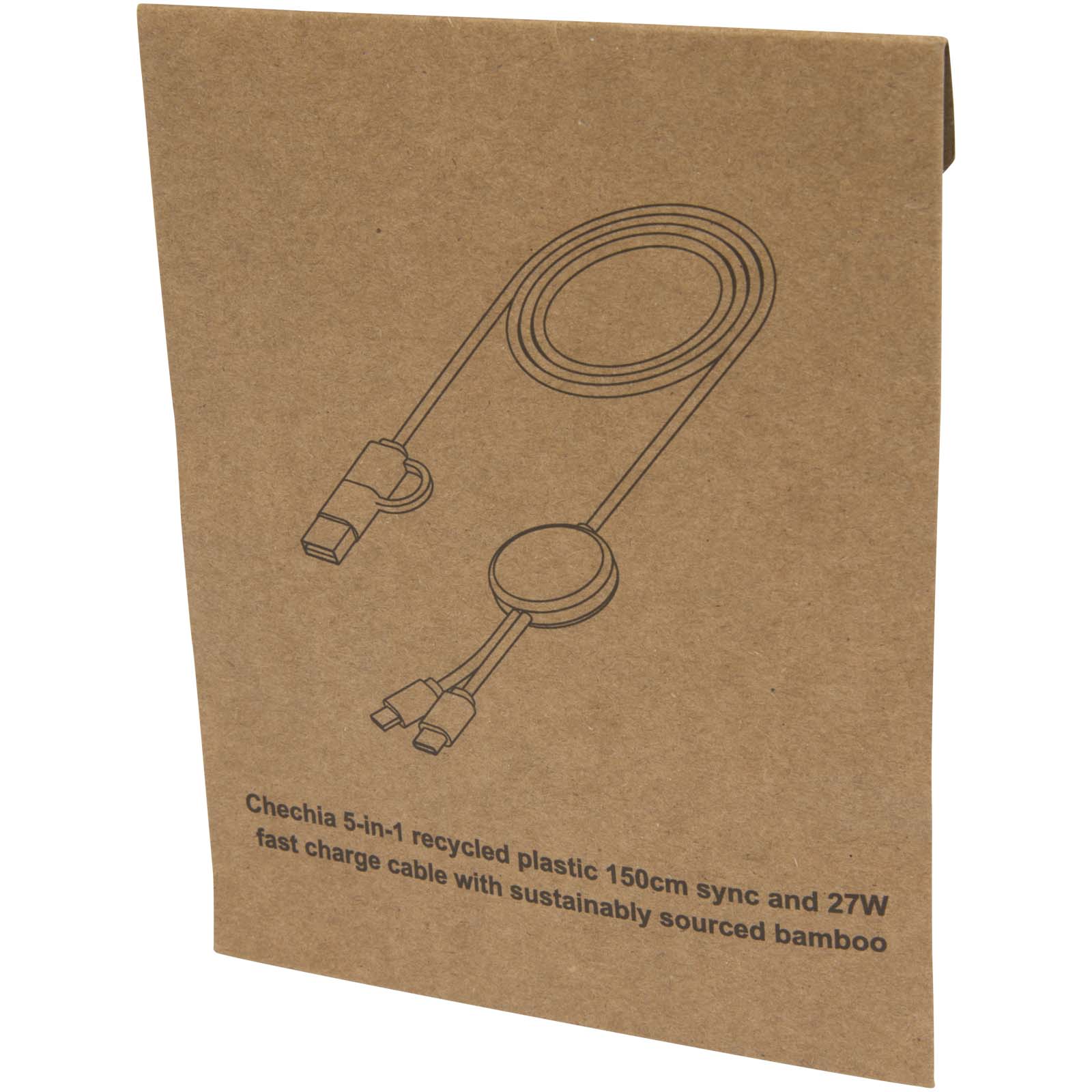 Cable 5 en 1 de plástico reciclado de 150 cm para sincronización de datos y carga rápida de 27 W con detalles de bambú Chechia