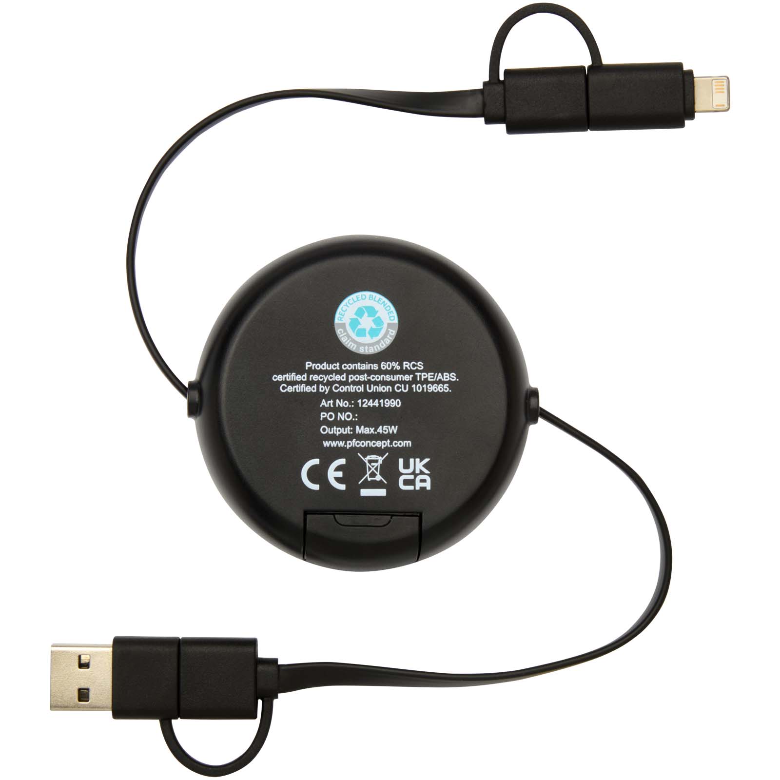 Cable retráctil 5 en 1 de plástico reciclado de 100 cm para sincronización de datos y carga rápida de 45 W con detalles de bambú Chechia