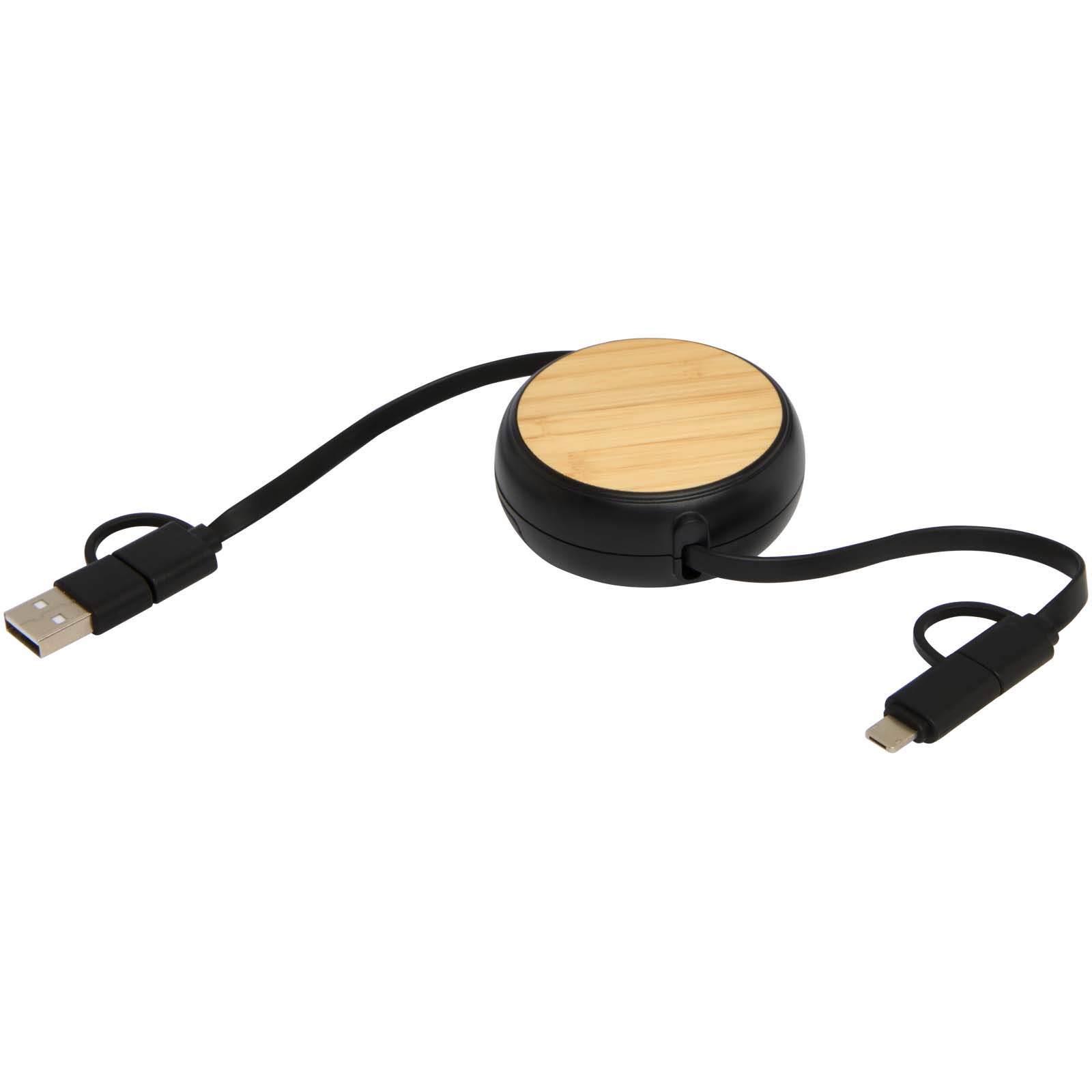 Cable retráctil 5 en 1 de plástico reciclado de 100 cm para sincronización de datos y carga rápida de 45 W con detalles de bambú Chechia