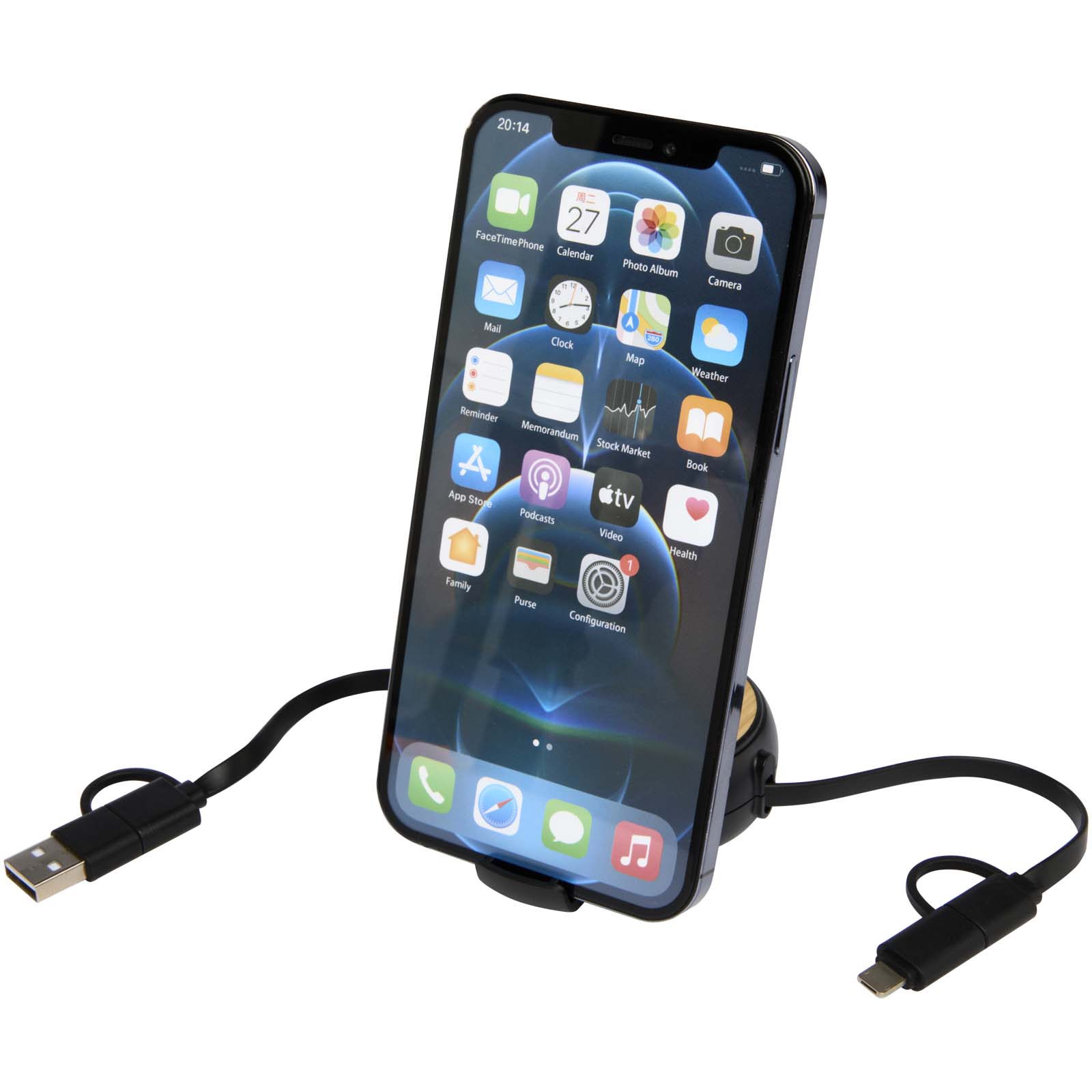 Cable retráctil 5 en 1 de plástico reciclado de 100 cm para sincronización de datos y carga rápida de 45 W con detalles de bambú Chechia