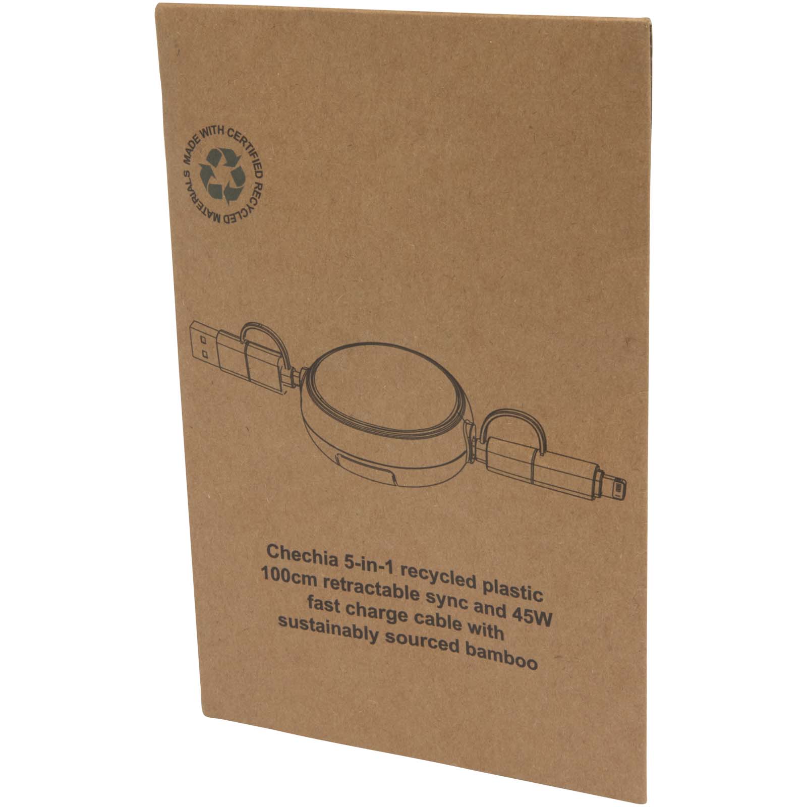 Cable retráctil 5 en 1 de plástico reciclado de 100 cm para sincronización de datos y carga rápida de 45 W con detalles de bambú Chechia