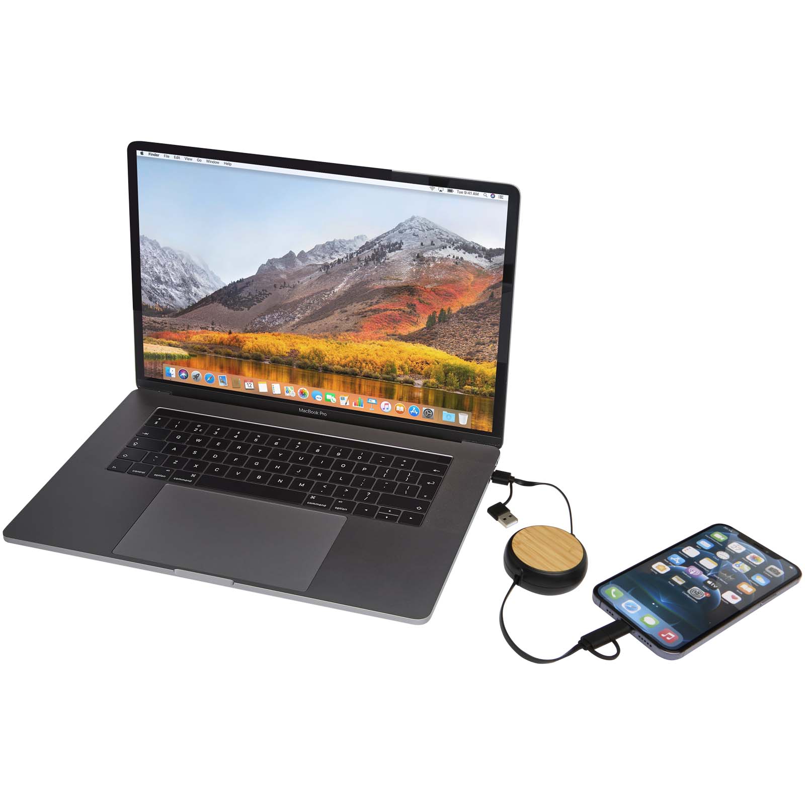 Cable retráctil 5 en 1 de plástico reciclado de 100 cm para sincronización de datos y carga rápida de 45 W con detalles de bambú Chechia