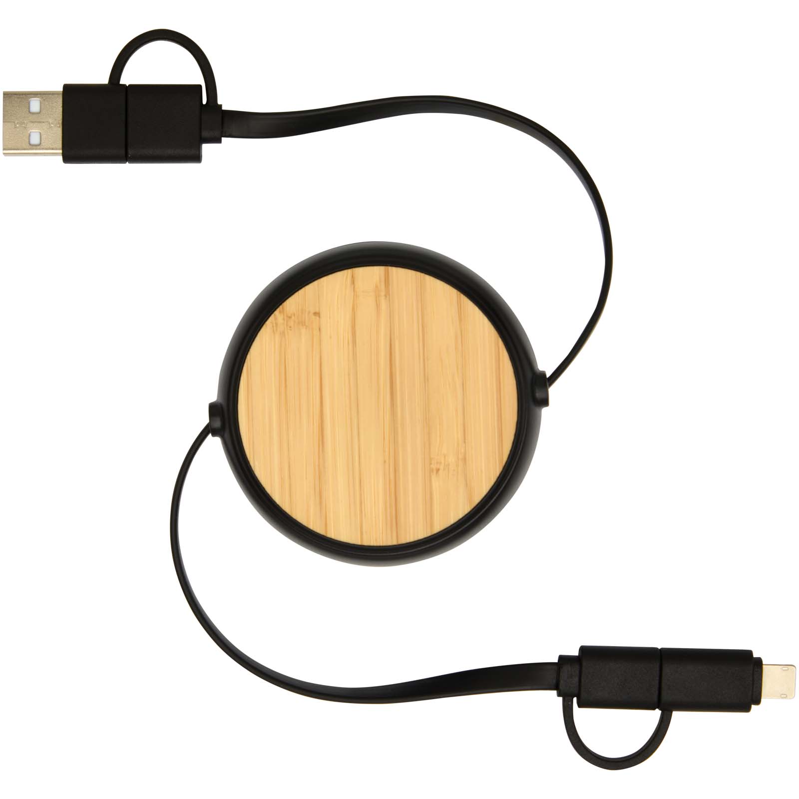 Cable retráctil 5 en 1 de plástico reciclado de 100 cm para sincronización de datos y carga rápida de 45 W con detalles de bambú Chechia