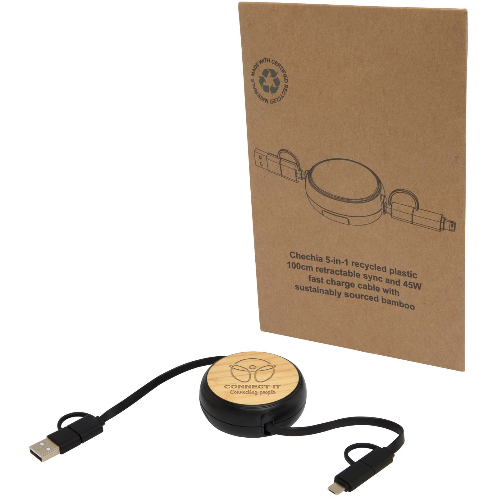Cable retráctil 5 en 1 de plástico reciclado de 100 cm para sincronización de datos y carga rápida de 45 W con detalles de bambú Chechia