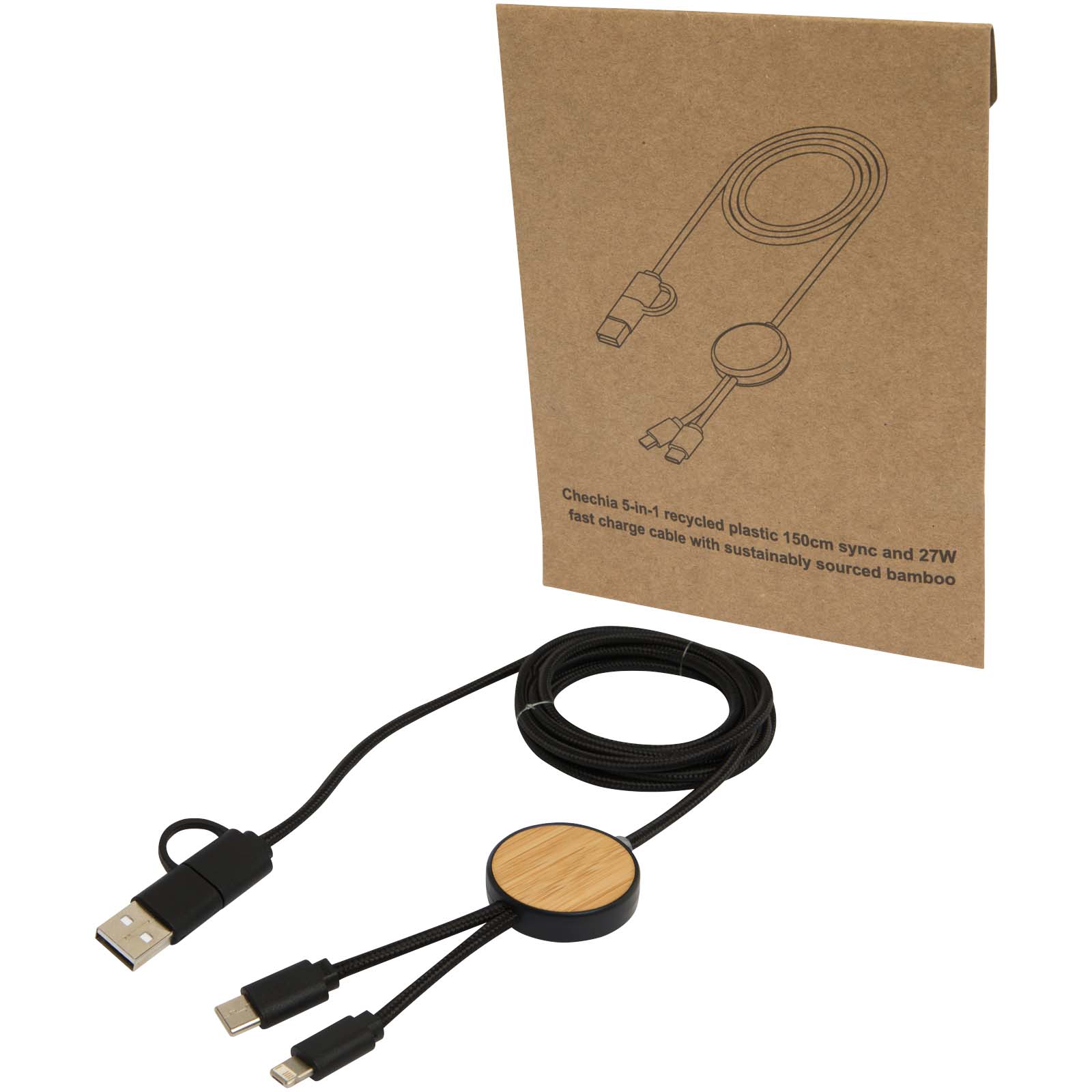 Cable 5 en 1 de plástico reciclado de 150 cm para sincronización de datos y carga rápida de 27 W con detalles de bambú Chechia