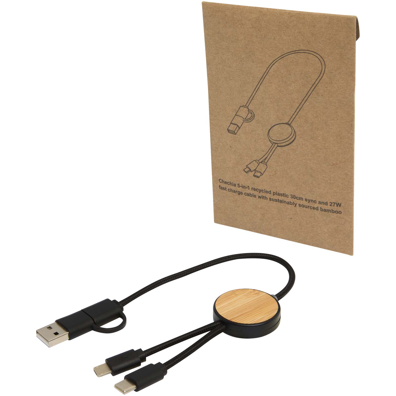 Cable 5 en 1 de plástico reciclado de 30 cm para sincronización de datos y carga rápida de 27 W con detalles de bambú Chechia