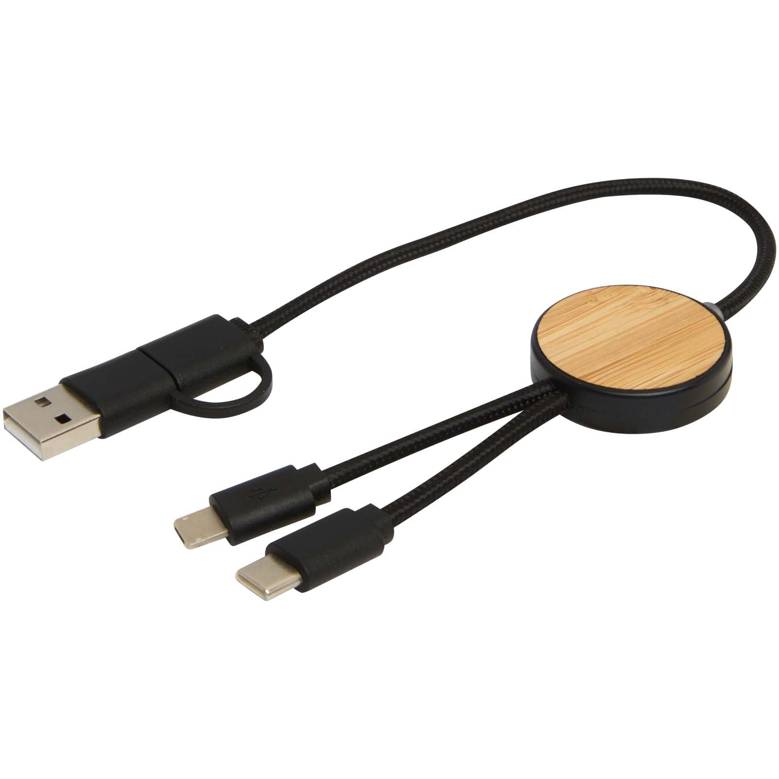 Cable 5 en 1 de plástico reciclado de 30 cm para sincronización de datos y carga rápida de 27 W con detalles de bambú Chechia