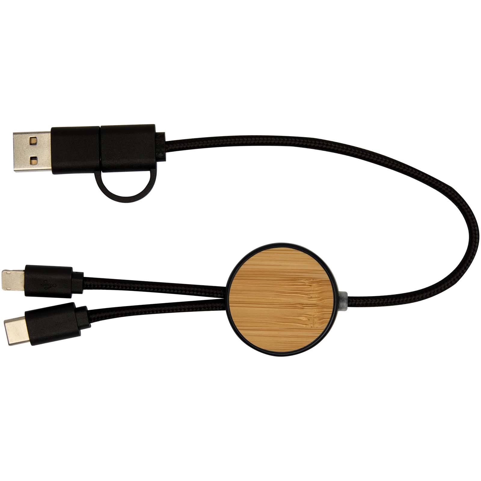Cable 5 en 1 de plástico reciclado de 30 cm para sincronización de datos y carga rápida de 27 W con detalles de bambú Chechia