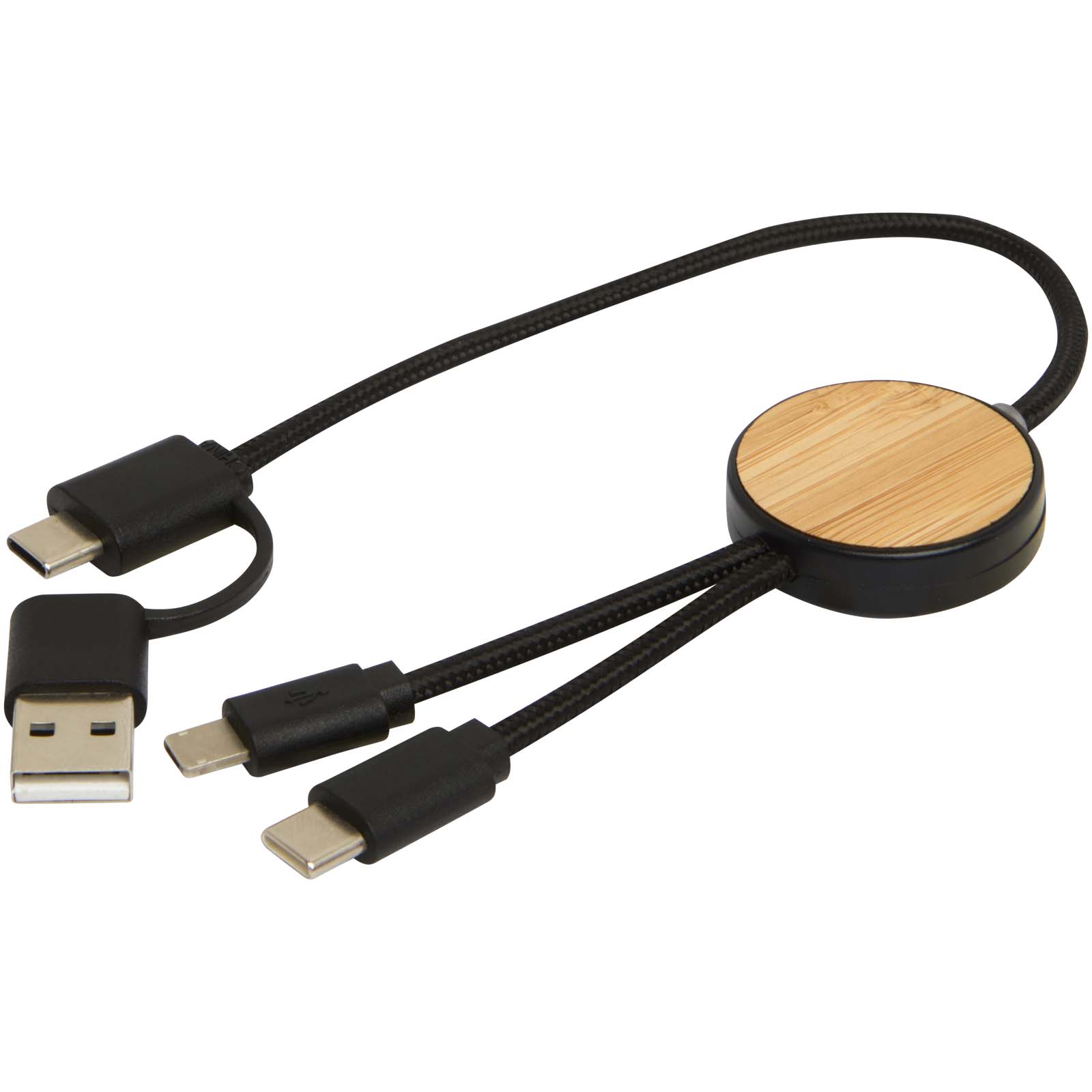 Cable 5 en 1 de plástico reciclado de 30 cm para sincronización de datos y carga rápida de 27 W con detalles de bambú Chechia