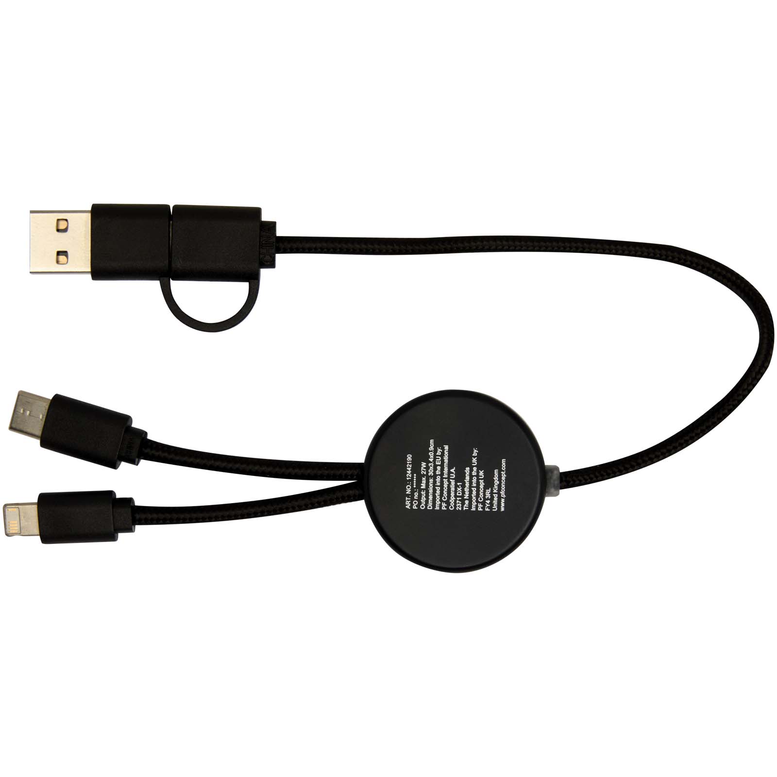 Cable 5 en 1 de plástico reciclado de 30 cm para sincronización de datos y carga rápida de 27 W con detalles de bambú Chechia