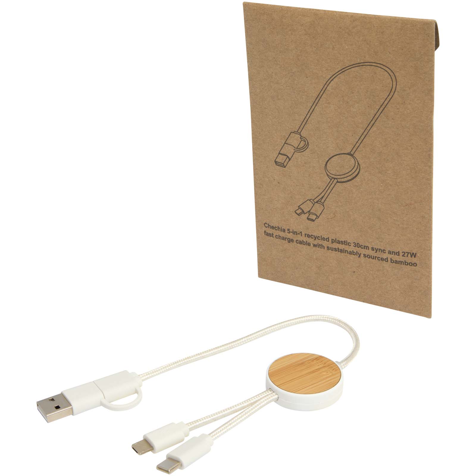 Cable 5 en 1 de plástico reciclado de 30 cm para sincronización de datos y carga rápida de 27 W con detalles de bambú Chechia