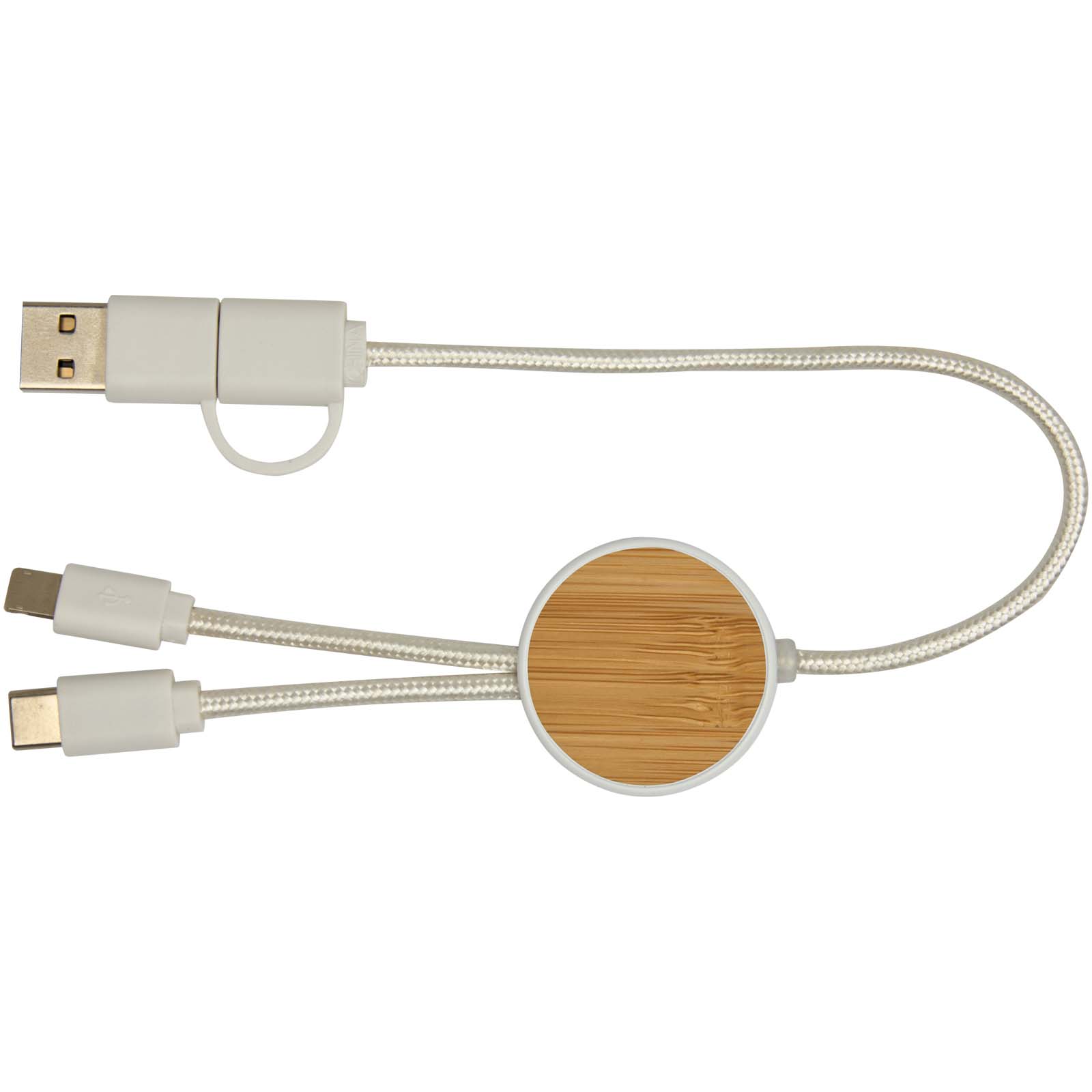 Cable 5 en 1 de plástico reciclado de 30 cm para sincronización de datos y carga rápida de 27 W con detalles de bambú Chechia