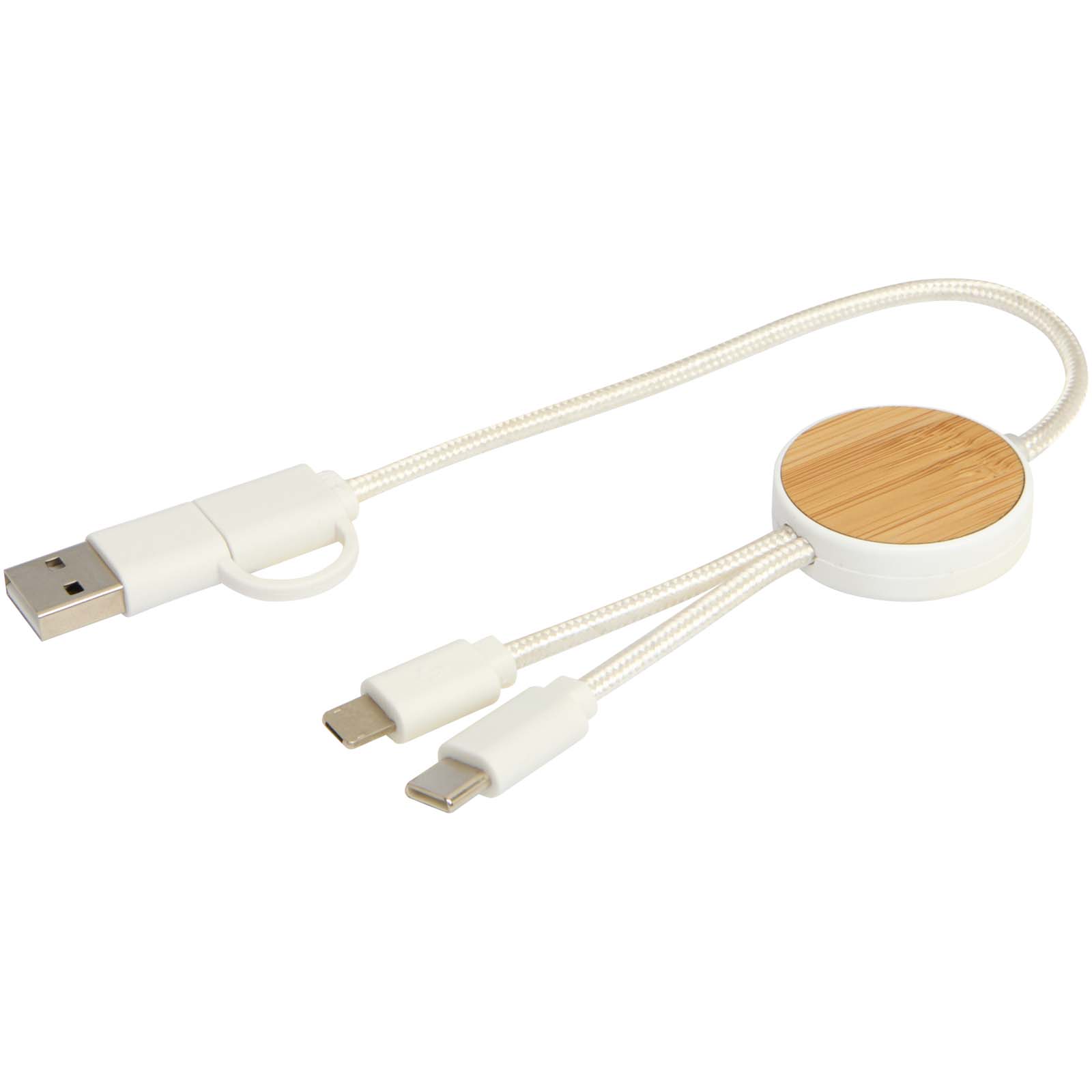 Cable 5 en 1 de plástico reciclado de 30 cm para sincronización de datos y carga rápida de 27 W con detalles de bambú Chechia