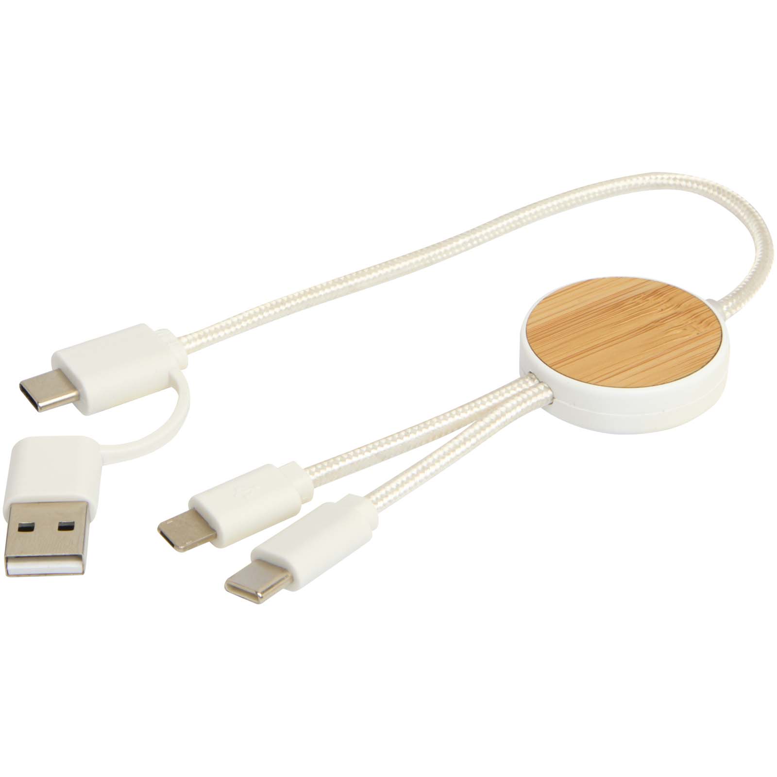 Cable 5 en 1 de plástico reciclado de 30 cm para sincronización de datos y carga rápida de 27 W con detalles de bambú Chechia
