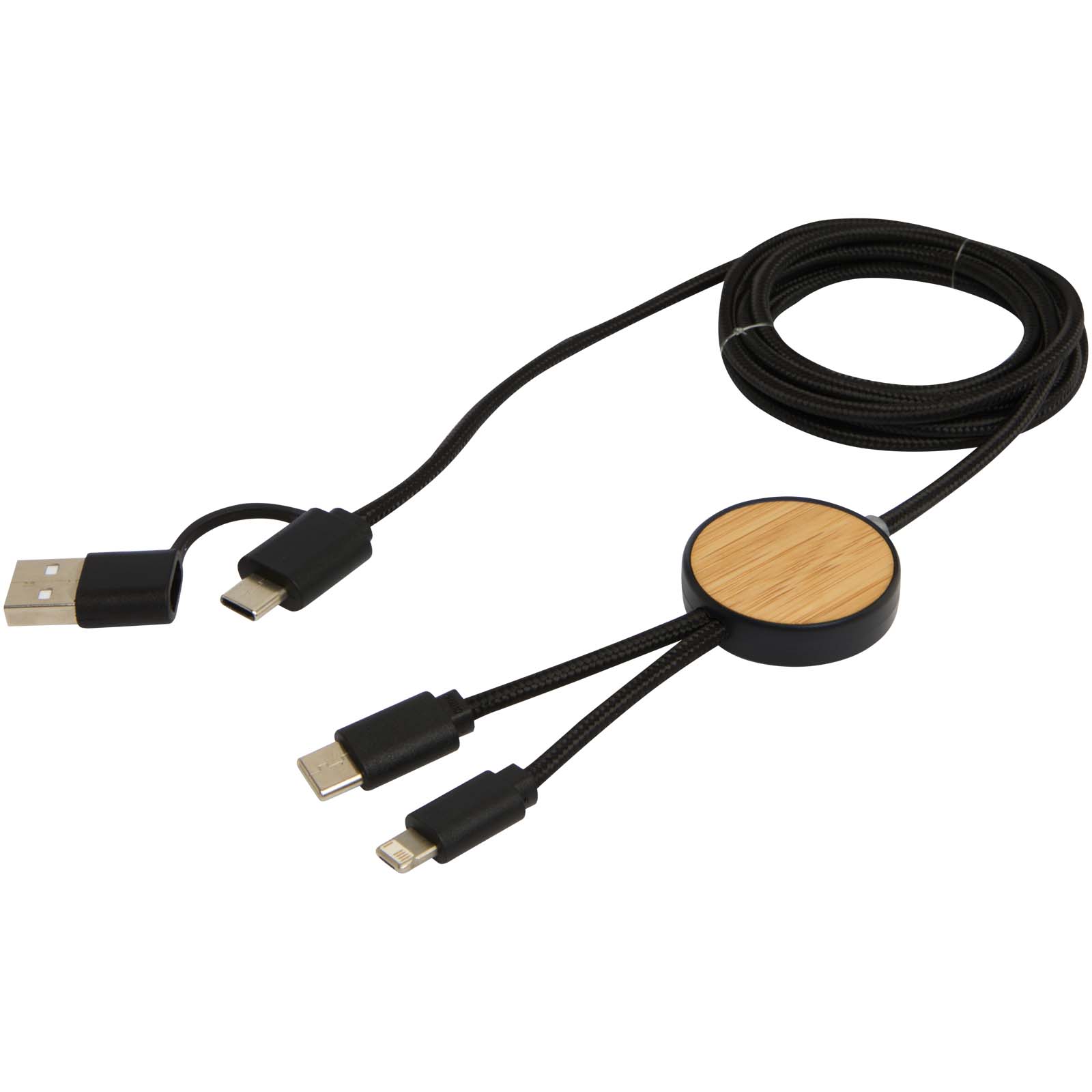 Cable 5 en 1 de plástico reciclado de 150 cm para sincronización de datos y carga rápida de 27 W con detalles de bambú Chechia
