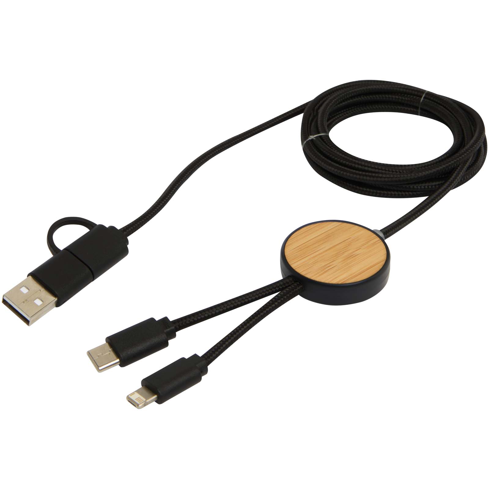 Cable 5 en 1 de plástico reciclado de 150 cm para sincronización de datos y carga rápida de 27 W con detalles de bambú Chechia
