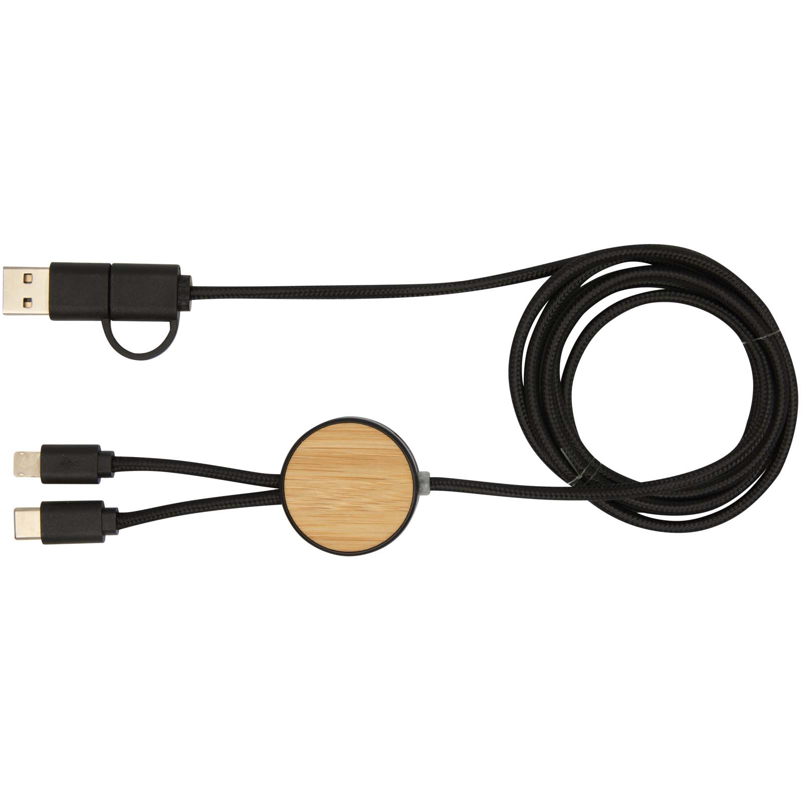 Cable 5 en 1 de plástico reciclado de 150 cm para sincronización de datos y carga rápida de 27 W con detalles de bambú Chechia