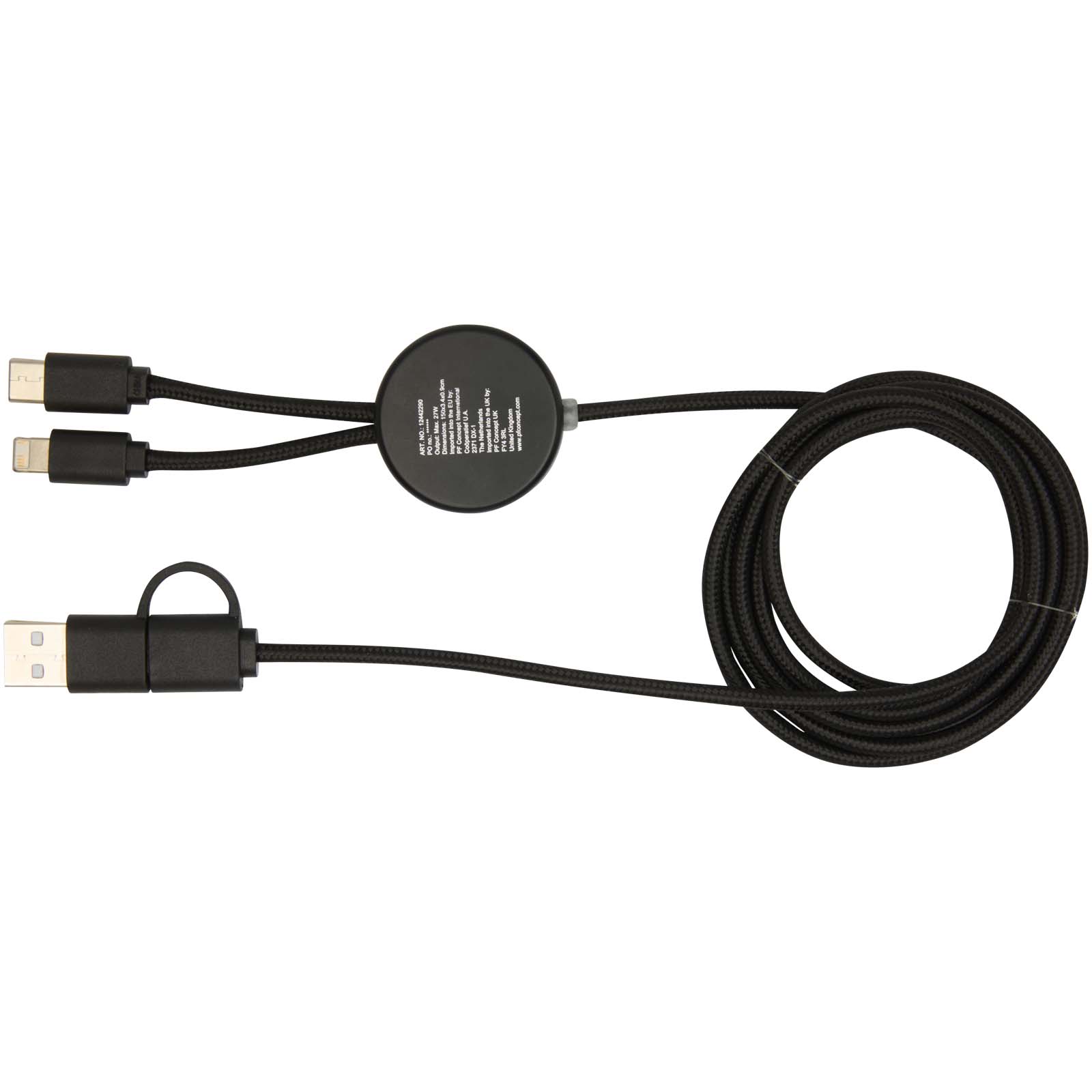 Cable 5 en 1 de plástico reciclado de 150 cm para sincronización de datos y carga rápida de 27 W con detalles de bambú Chechia