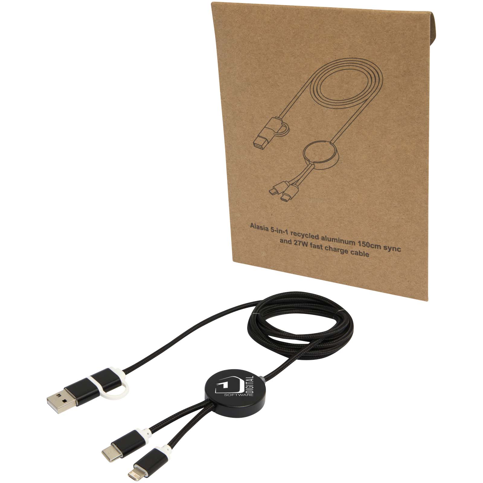 Cable 5 en 1 de aluminio y plástico reciclado de 150 cm para sincronización de datos y carga rápida de 27 W Alasia