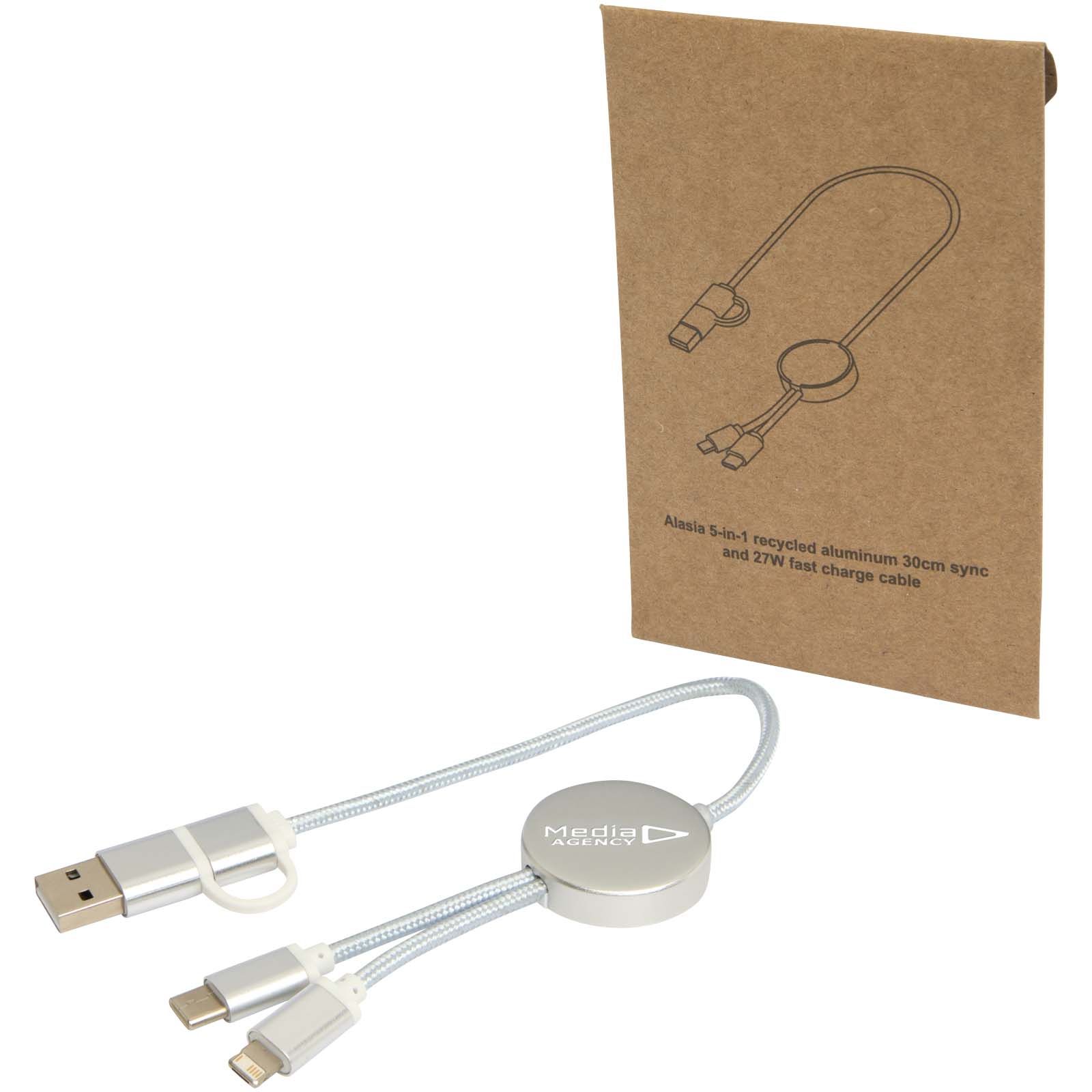 Cable 5 en 1 de aluminio y plástico reciclado de 30 cm para sincronización de datos y carga rápida de 27 W Alasia