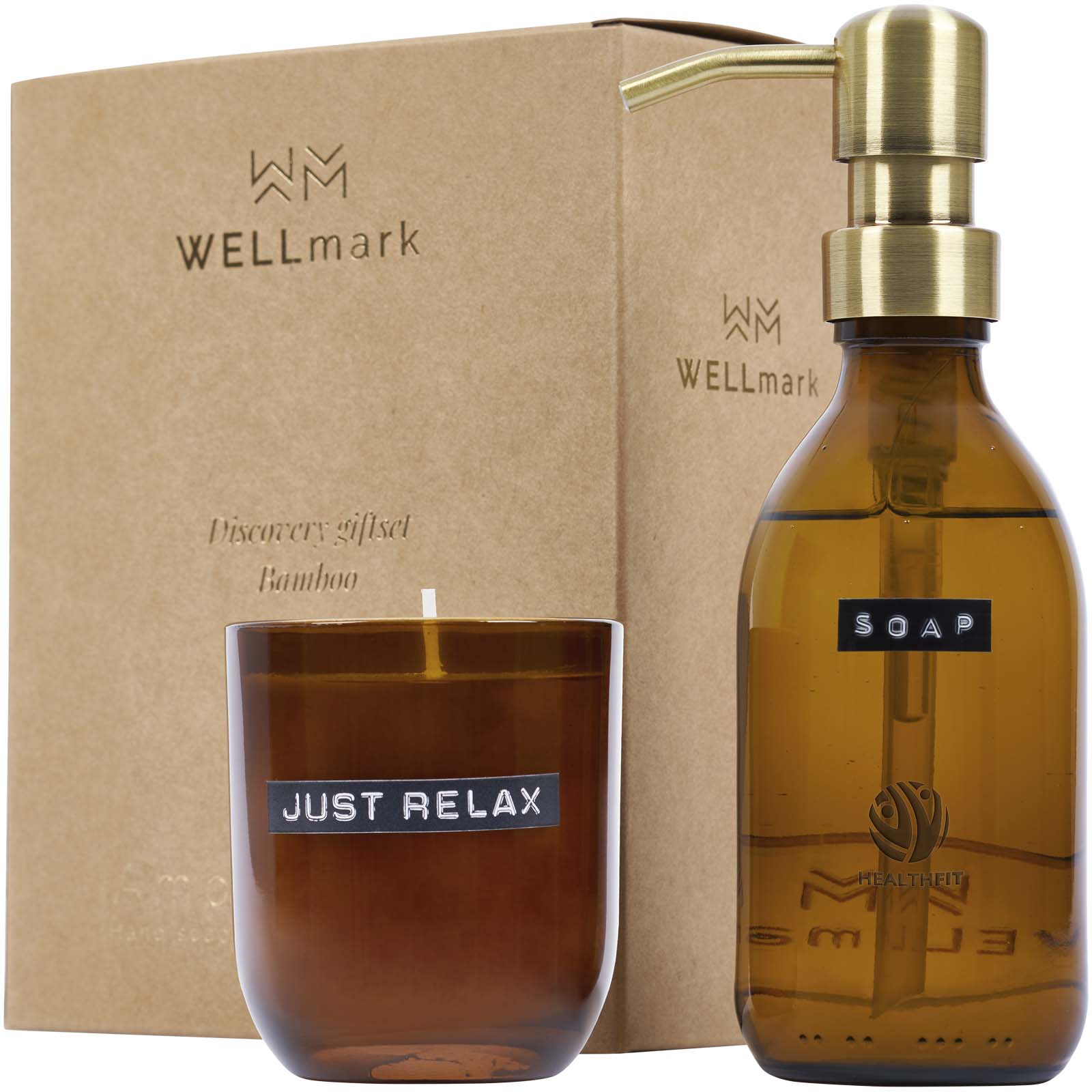 Dispensador de jabón de manos de 200 ml y juego de velas perfumadas de 150 g con fragancia de bambú Wellmark Discovery