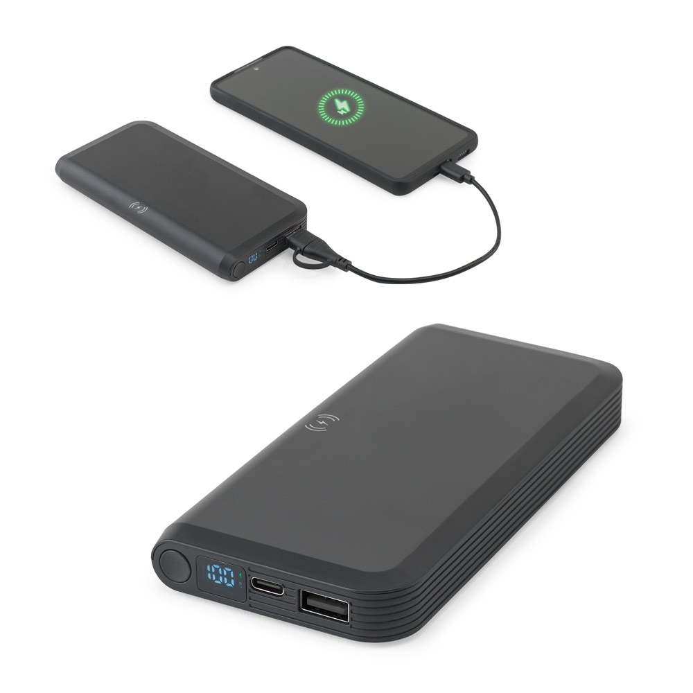 BECKER 10. Batería externa de 10 000 mAh en ABS reciclado (100 % rABS) con cargador inalámbrico ultrarrápido de 15 W