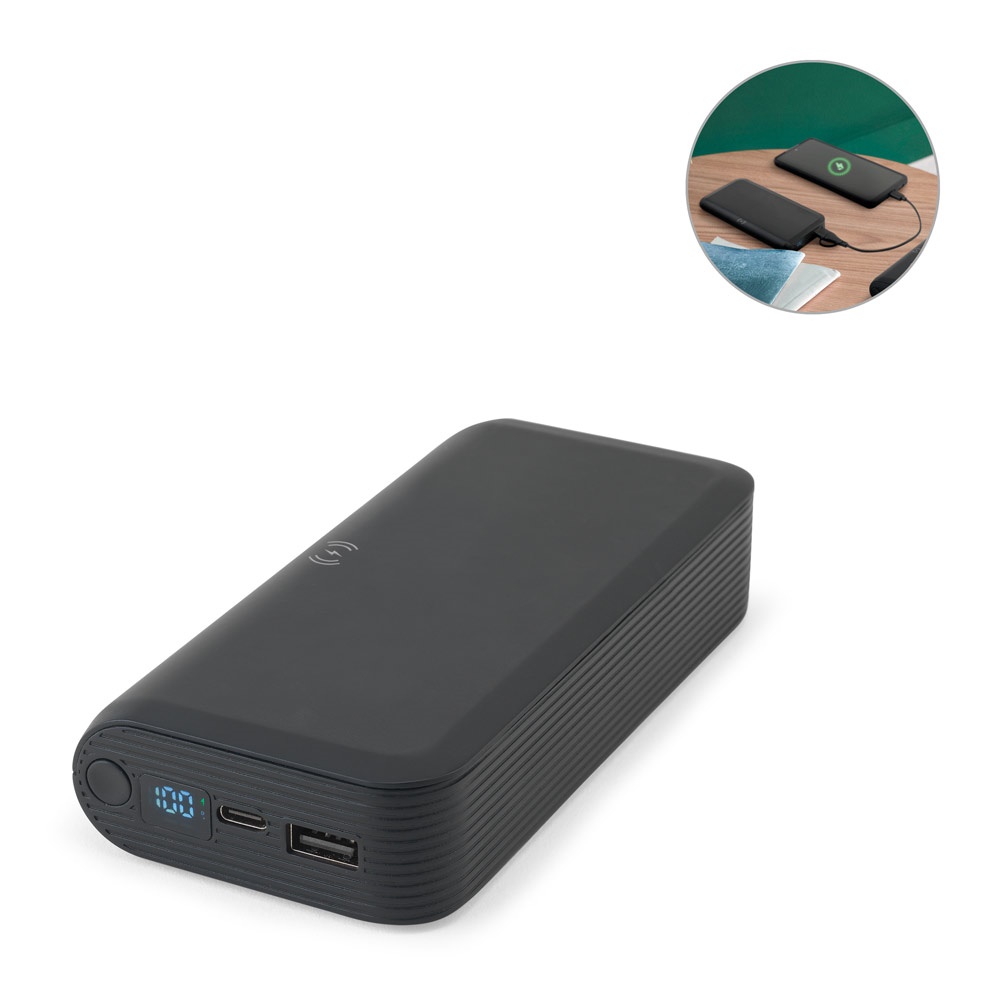 BECKER 20. Batería externa de 20 000 mAh en ABS reciclado (100 % rABS) con cargador inalámbrico ultrarrápido de 15 W